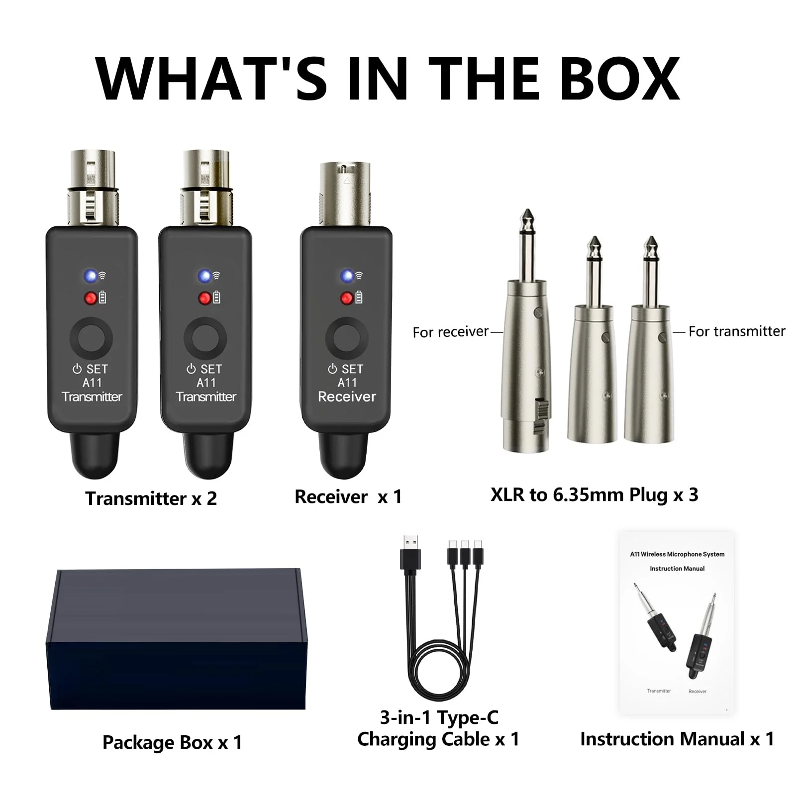 A11 Wireless Microphone System, 2.4GHz XLR Transmitter and Receiver for Dynamic Microphone, Audio Mixer, PA System, 100ft Range, Ultra-Low Latency, Rechargeable Battery (A11-2(2TX+1RX)) A11-2(2TX+1RX) - Image 5