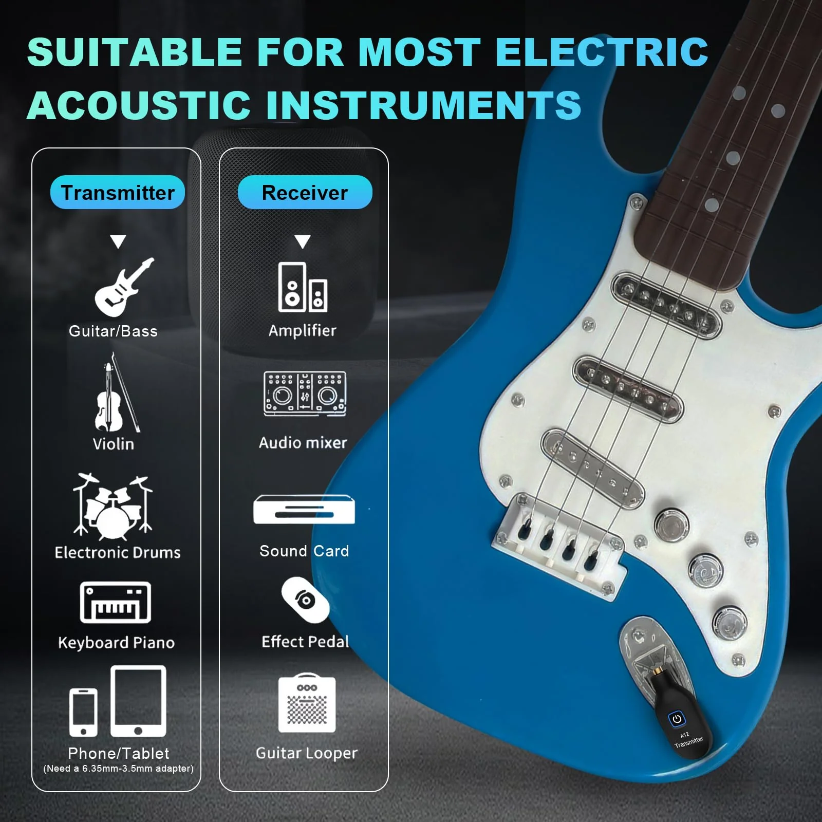 A12 Wireless Guitar Transmitter Receiver - 2.4GHz System, 24-bit 48KHz Audio, 100ft Range, No Latency, Rechargeable, Easy Pairing for Electric Guitar & Bass - Accessories (1TX+1RX) 1TX+1RX - Image 2