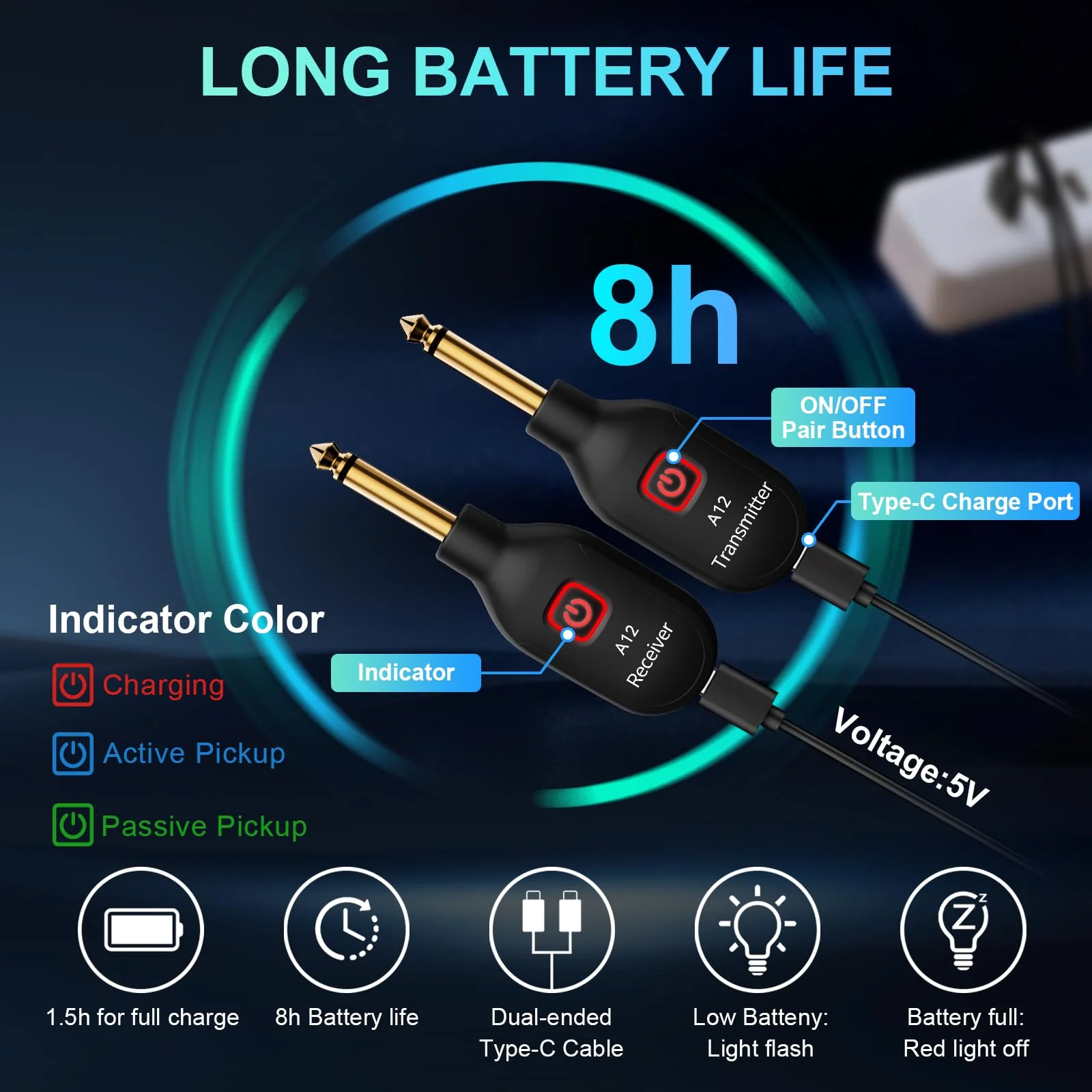 A12 Wireless Guitar Transmitter Receiver - 2.4GHz System, 24-bit 48KHz Audio, 100ft Range, No Latency, Rechargeable, Easy Pairing for Electric Guitar & Bass - Accessories (1TX+1RX) 1TX+1RX - Image 5