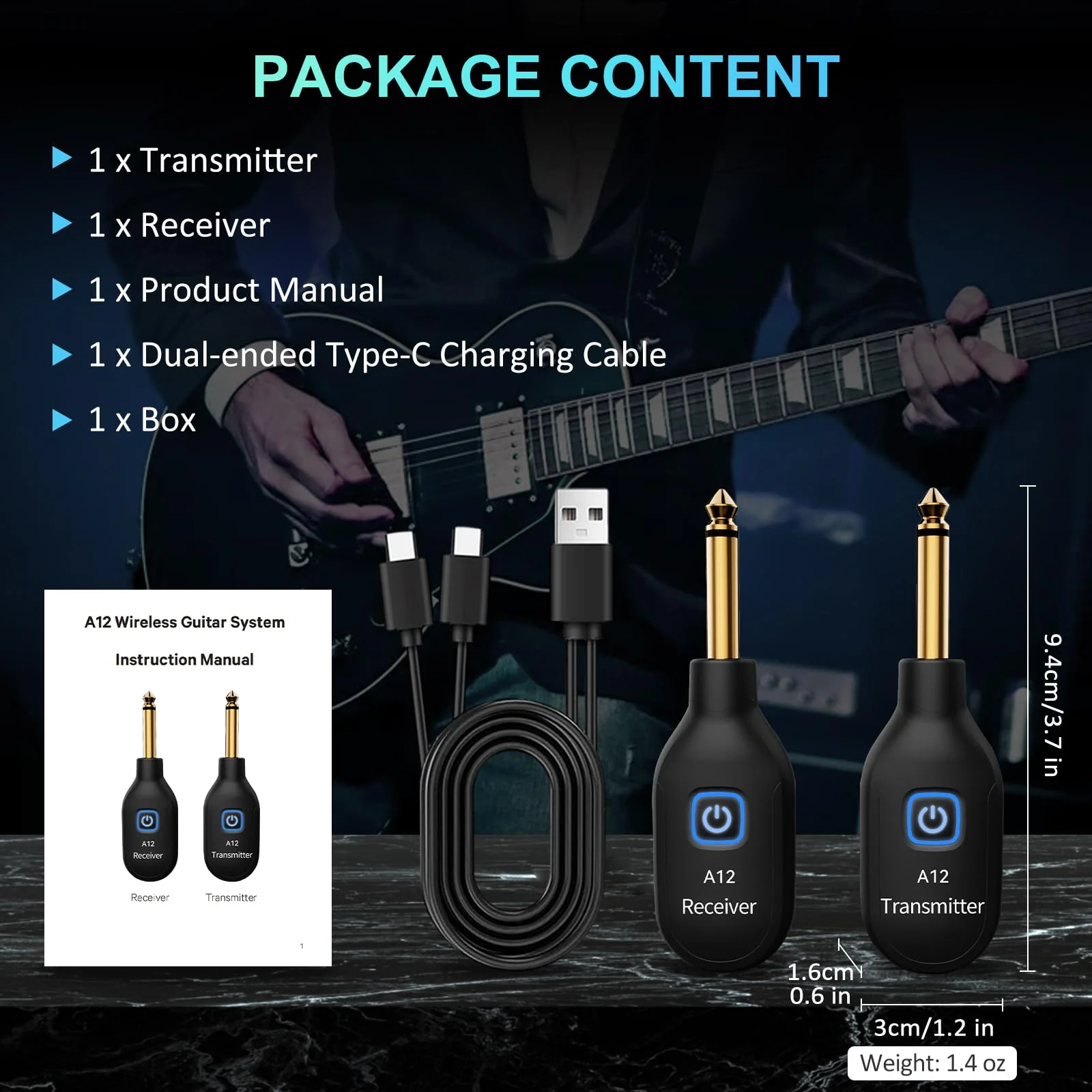 A12 Wireless Guitar Transmitter Receiver - 2.4GHz System, 24-bit 48KHz Audio, 100ft Range, No Latency, Rechargeable, Easy Pairing for Electric Guitar & Bass - Accessories (1TX+1RX) 1TX+1RX - Image 7