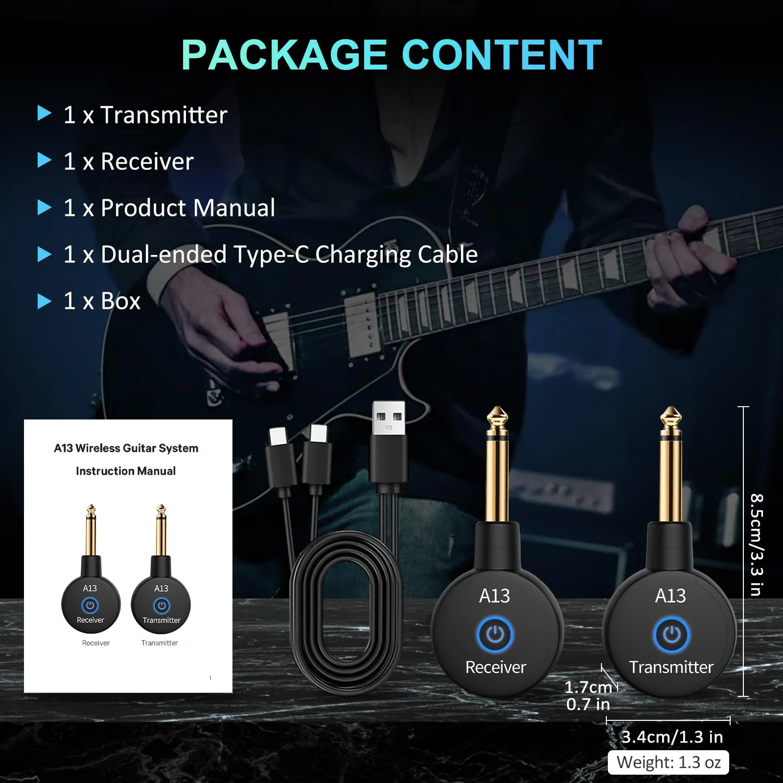 A13 Wireless Guitar System 2.4GHz Transmitter Receiver for Electric/Acoustic Bass Guitar, Rechargeable Li-Battery, Plug & Play Wireless Guitar Cable for Guitar, Bass, Violin - Black (1TX + 1RX) 1TX + 1RX - Image 7