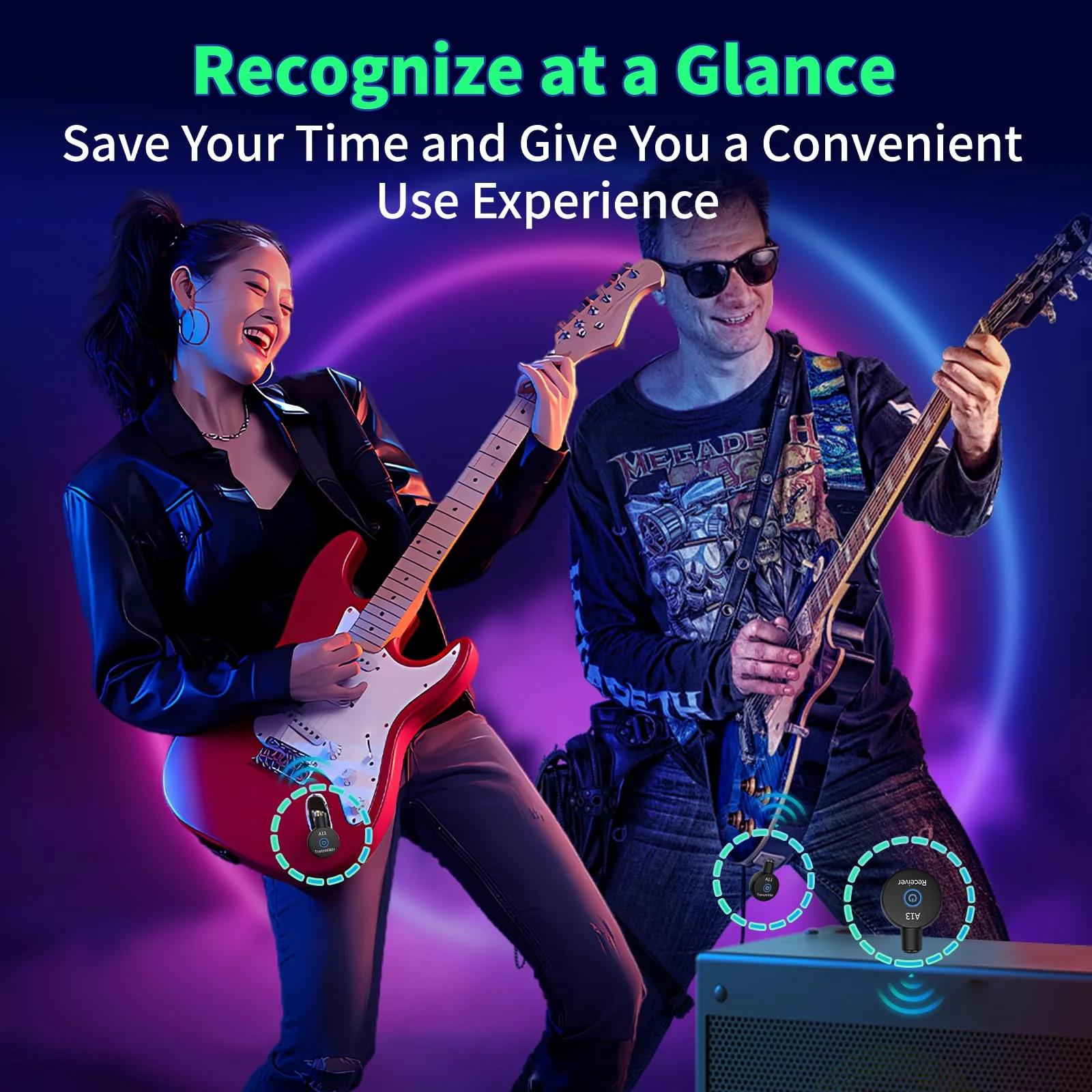 A13 Wireless Guitar System 2.4GHz Transmitter Receiver for Electric/Acoustic Bass Guitar, Rechargeable Li-Battery, Plug & Play Wireless Guitar Cable for Guitar, Bass, Violin - Black (2TX + 1RX) A13-2 - Image 2