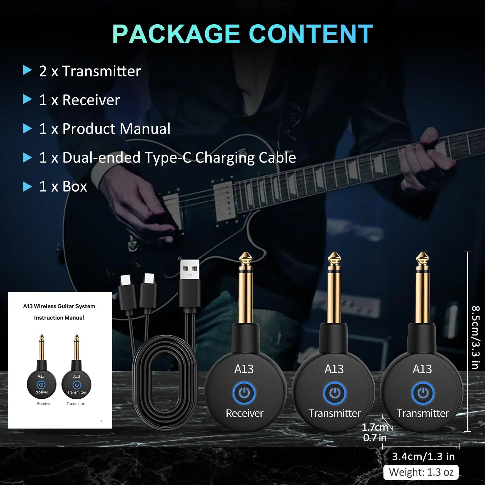 A13 Wireless Guitar System 2.4GHz Transmitter Receiver for Electric/Acoustic Bass Guitar, Rechargeable Li-Battery, Plug & Play Wireless Guitar Cable for Guitar, Bass, Violin - Black (2TX + 1RX) A13-2 - Image 9