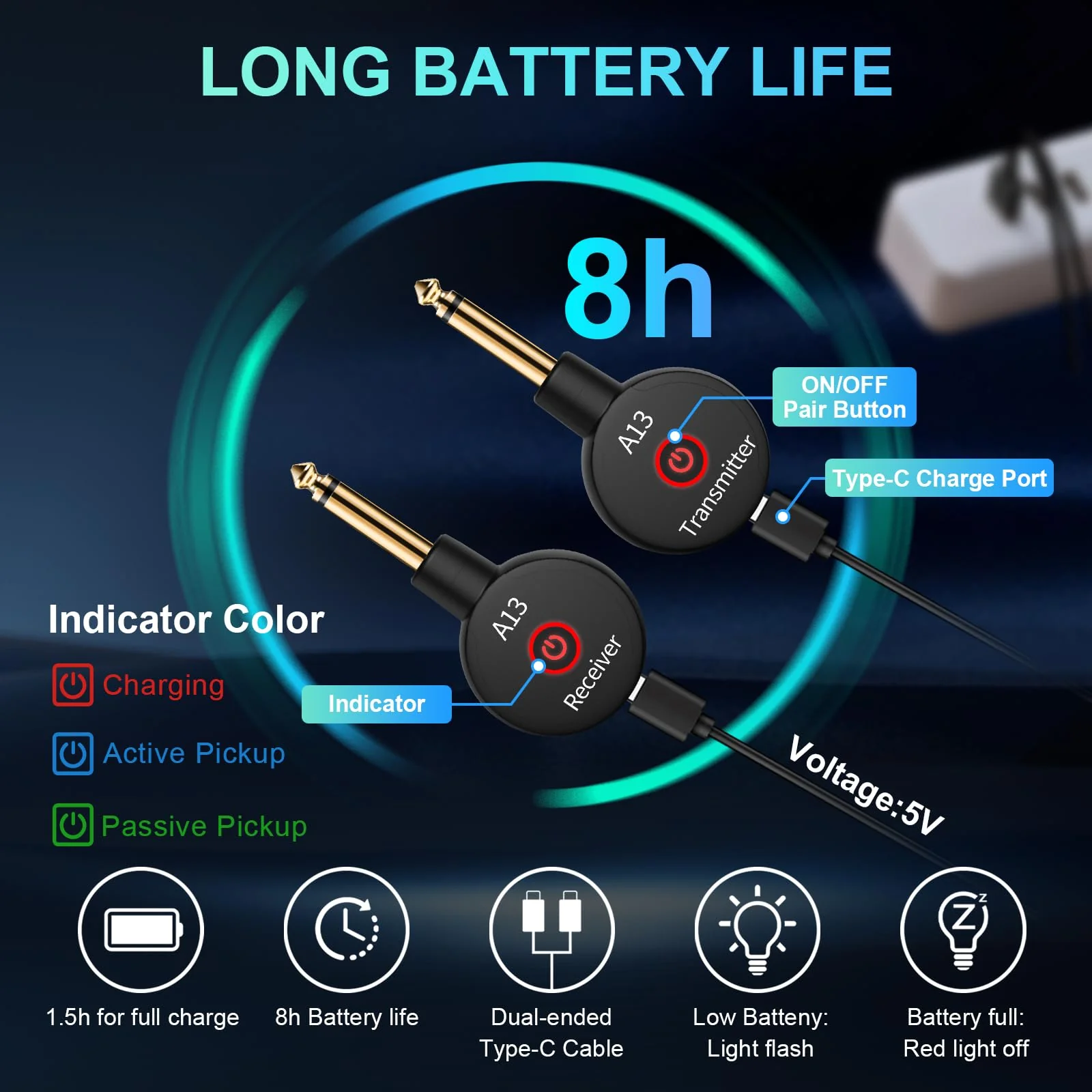 A13 Wireless Microphone Transmitters Receivers, Microphones Guitar System, 2.4GHz Guitar Accessories, No Latency, 100ft Range, Rechargeable 5-Hour Battery, Plug & Play (1TX+1RX) 1TX+1RX - Image 5