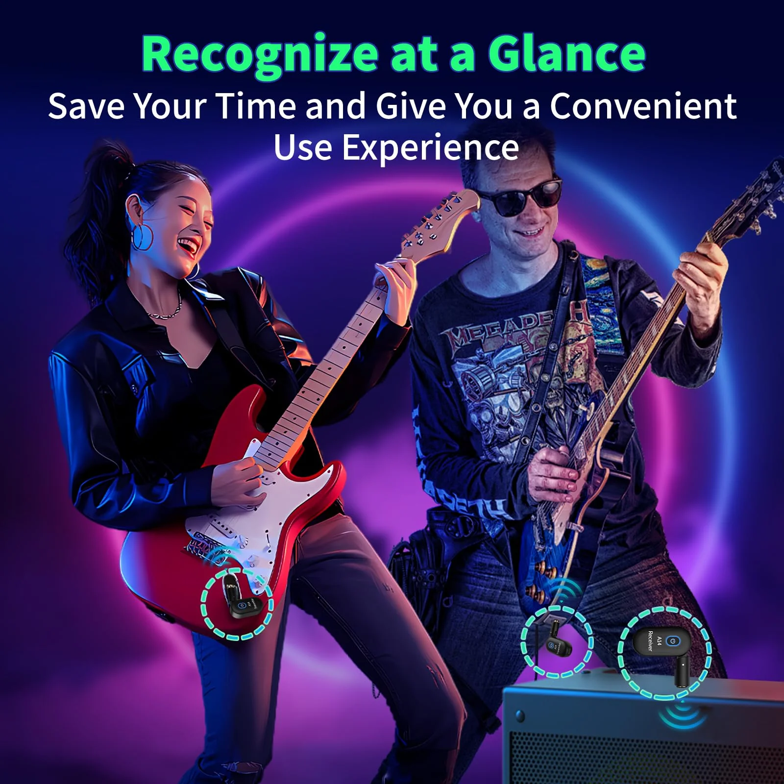 A14 Wireless Guitar System 2.4GHz 2 Modes, Thumb-Size, 90° Rotatable, Wireless Guitar Transmitter Receiver 100ft Range, Plug & Play for Guitar, Bass, Violin, Keyboard - Black (2TX + 1RX) 2TX + 1RX - Image 2