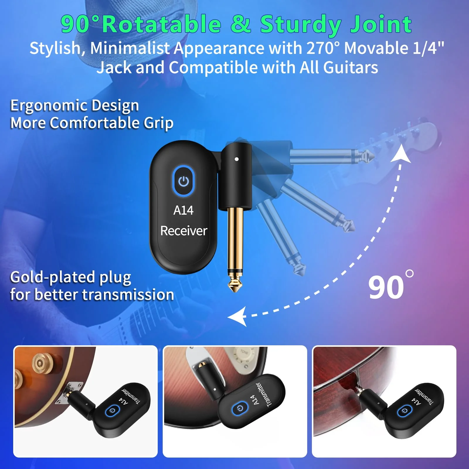 A14 Wireless Guitar System 2.4GHz 2 Modes, Thumb-Size, 90° Rotatable, Wireless Guitar Transmitter Receiver 100ft Range, Plug & Play for Guitar, Bass, Violin, Keyboard - Black (2TX + 1RX) 2TX + 1RX - Image 6