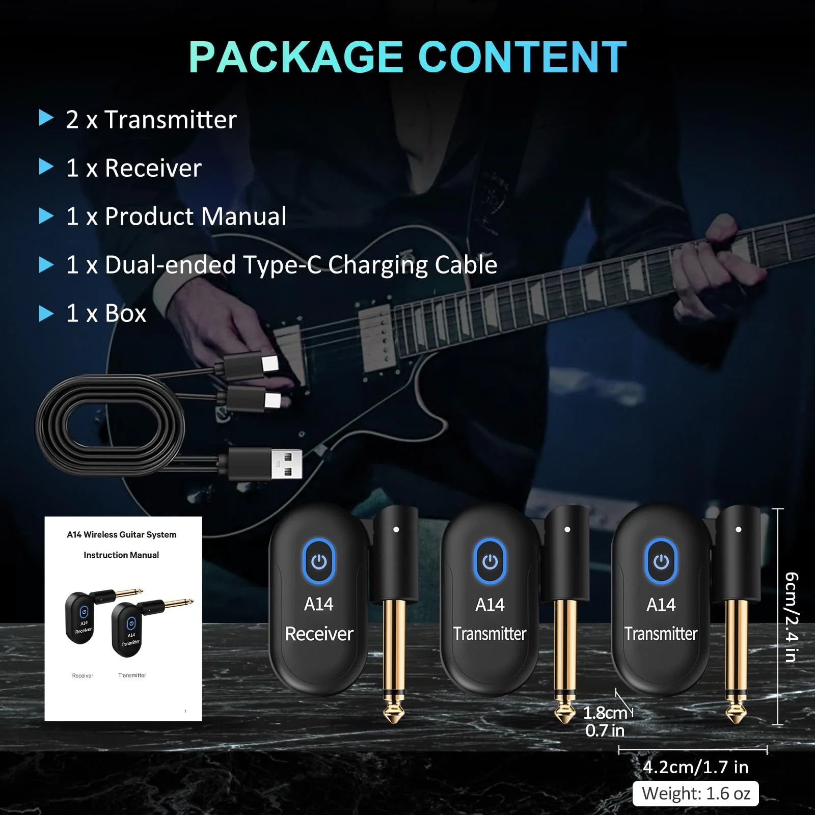 A14 Wireless Guitar System 2.4GHz 2 Modes, Thumb-Size, 90° Rotatable, Wireless Guitar Transmitter Receiver 100ft Range, Plug & Play for Guitar, Bass, Violin, Keyboard - Black (2TX + 1RX) 2TX + 1RX - Image 9