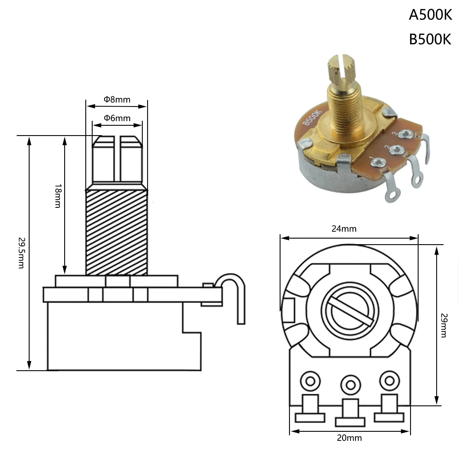 A500K B500K-OHM Guitar Potentiometer 18mm Long Split Shaft Pots Audio Volume Tone Pots Guitar Potentiometers for Electric Guitar and Bass (Set of 4) - Image 2