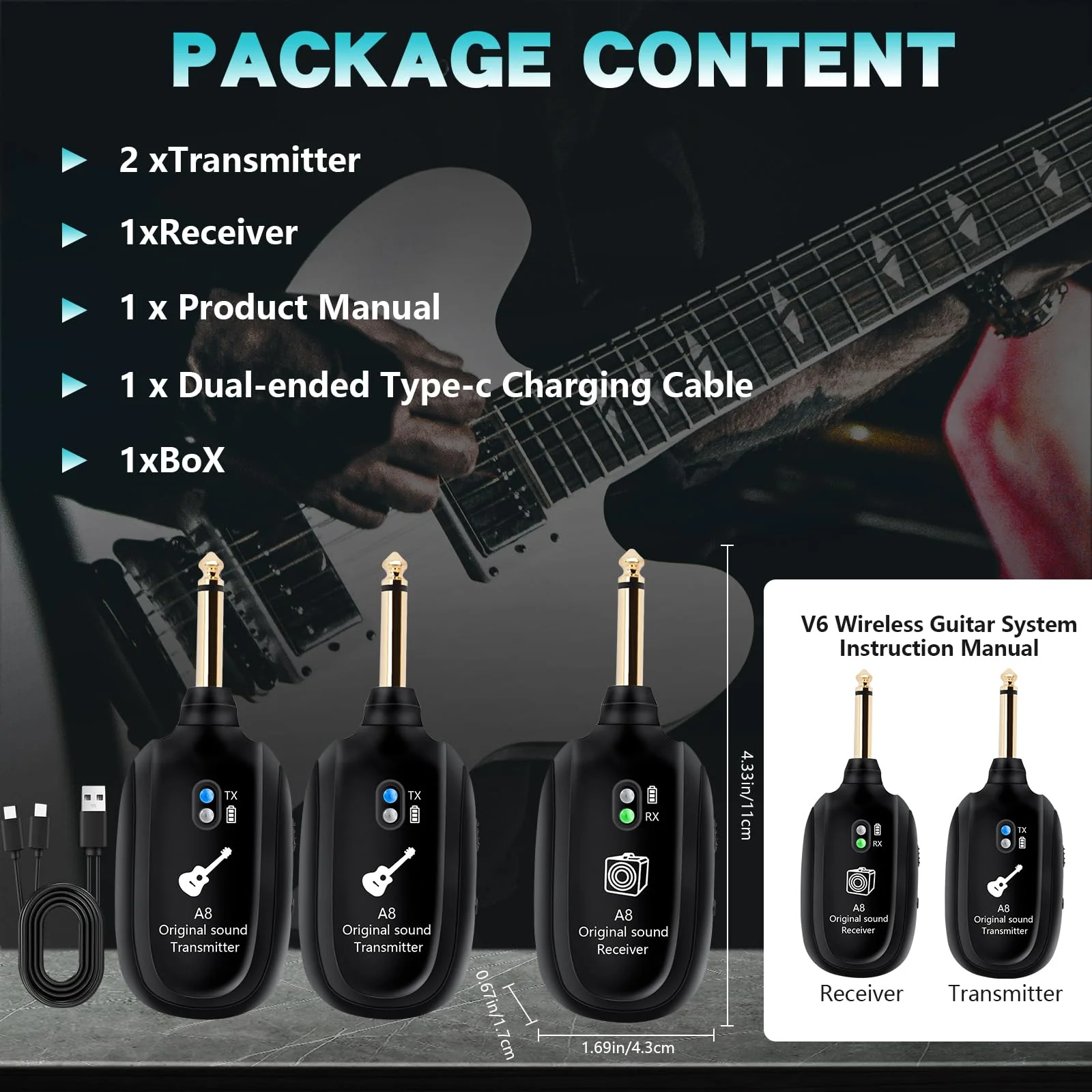A8 Wireless Guitar Transmitter Receiver System - 2.4GHz Rechargeable, 24-bit/48KHz Audio, Low Latency <4ms for Electric Guitar & Bass - Clean Wireless Audio for MUSIC and BASS GUITARS 2(2TX+1RX) A8 Wireless Guitar System (2TX+1RX) - Image 3