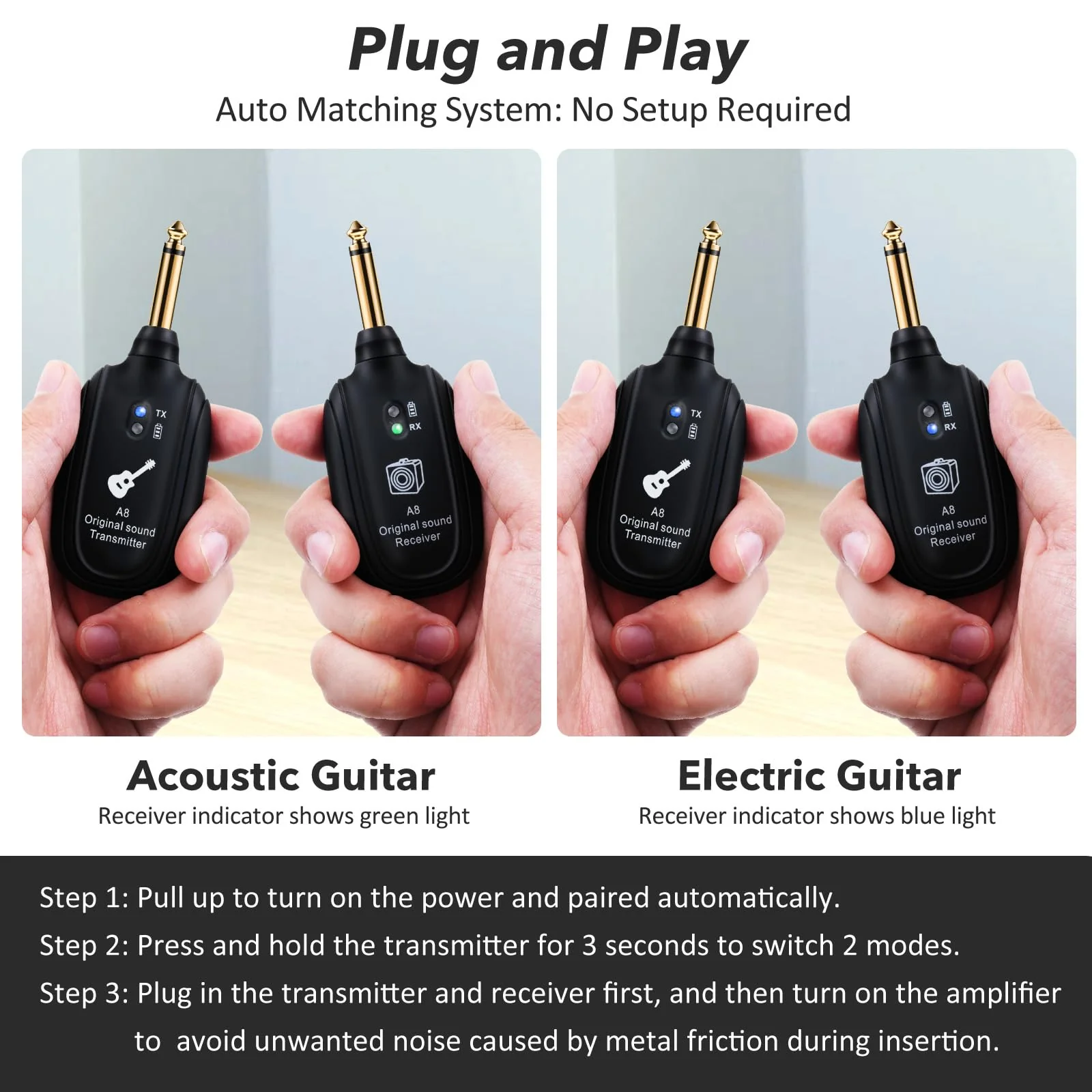 A8 Wireless Guitar Transmitter Receiver System, 2.4GHz Rechargeable, 24-bit/48KHz Audio, Low Latency <4ms for Electric Guitar & Bass, Wireless Audio Transmitter & Receiver (A8-2(2TX+1RX)) A8-2(2TX+1RX) - Image 7