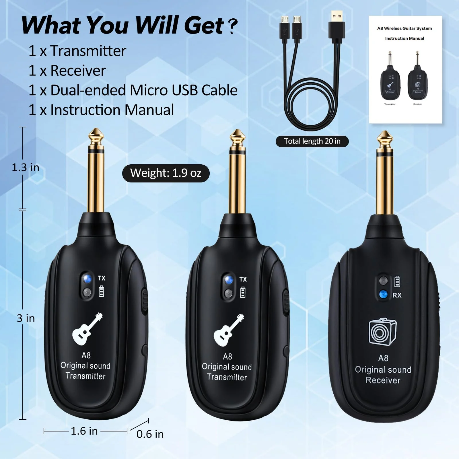 A8 Wireless Guitar Transmitter Receiver System, 2.4GHz Rechargeable, 24-bit/48KHz Audio, Low Latency <4ms for Electric Guitar & Bass, Wireless Audio Transmitter & Receiver (A8-2(2TX+1RX)) A8-2(2TX+1RX) - Image 9