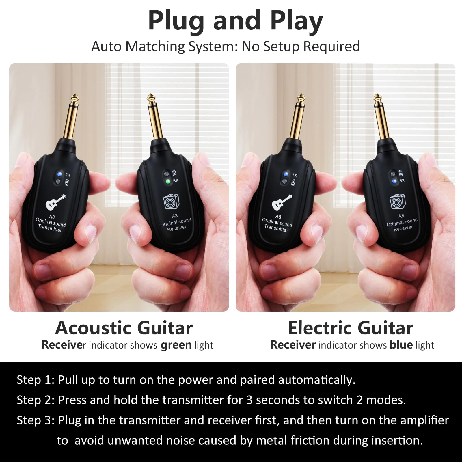 A8 Wireless Guitar Transmitter Receiver System, 2.4GHz Rechargeable, 24-bit/48KHz Audio, Low Latency <4ms for Electric Guitar & Bass, Wireless Audio Transmitter & Receiver (A8(1TX+1RX)) A8(1TX+1RX) - Image 7