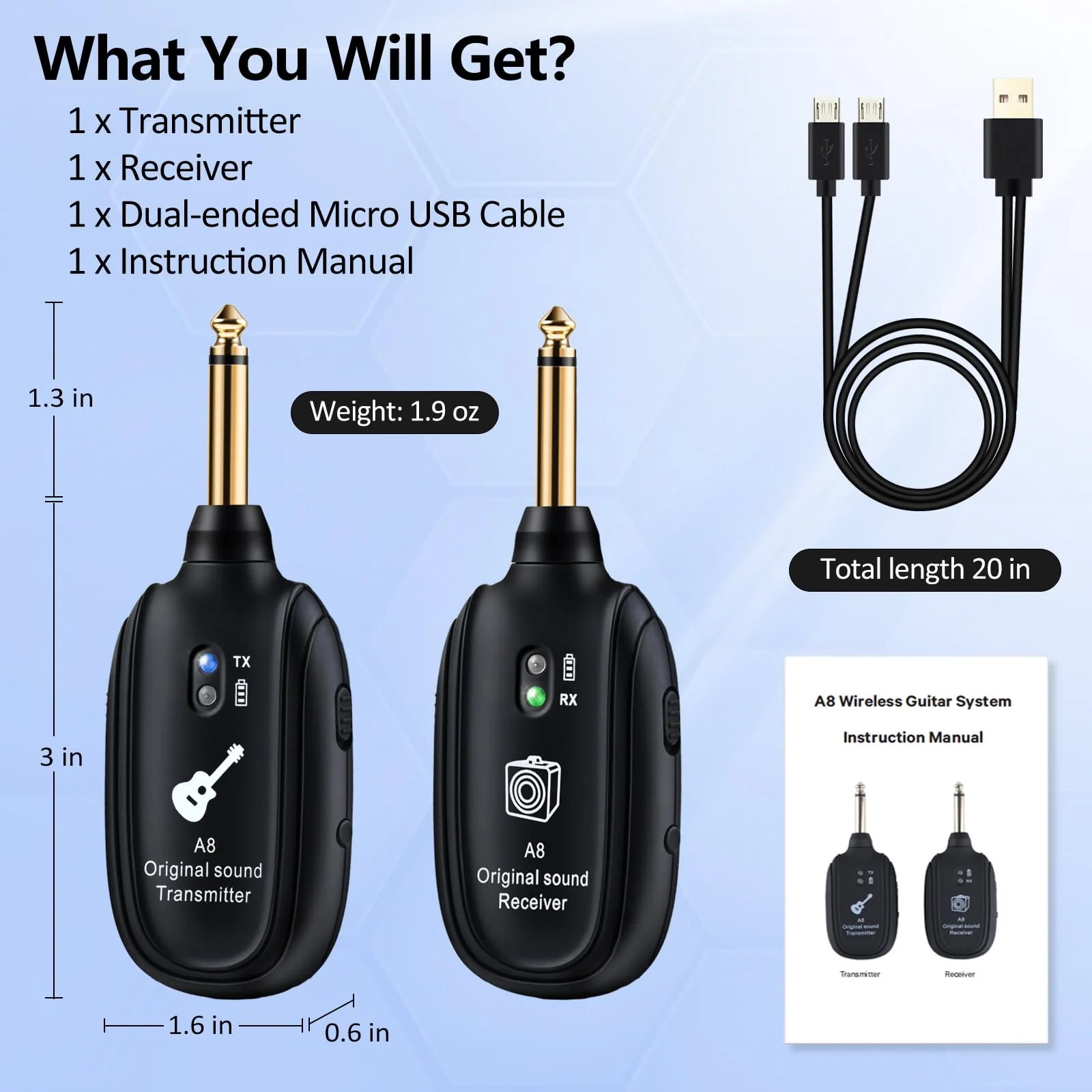 A8 Wireless Guitar Transmitter Receiver System, 2.4GHz Rechargeable, 24-bit/48KHz Audio, Low Latency <4ms for Electric Guitar & Bass, Wireless Audio Transmitter & Receiver (A8(1TX+1RX)) A8(1TX+1RX) - Image 9