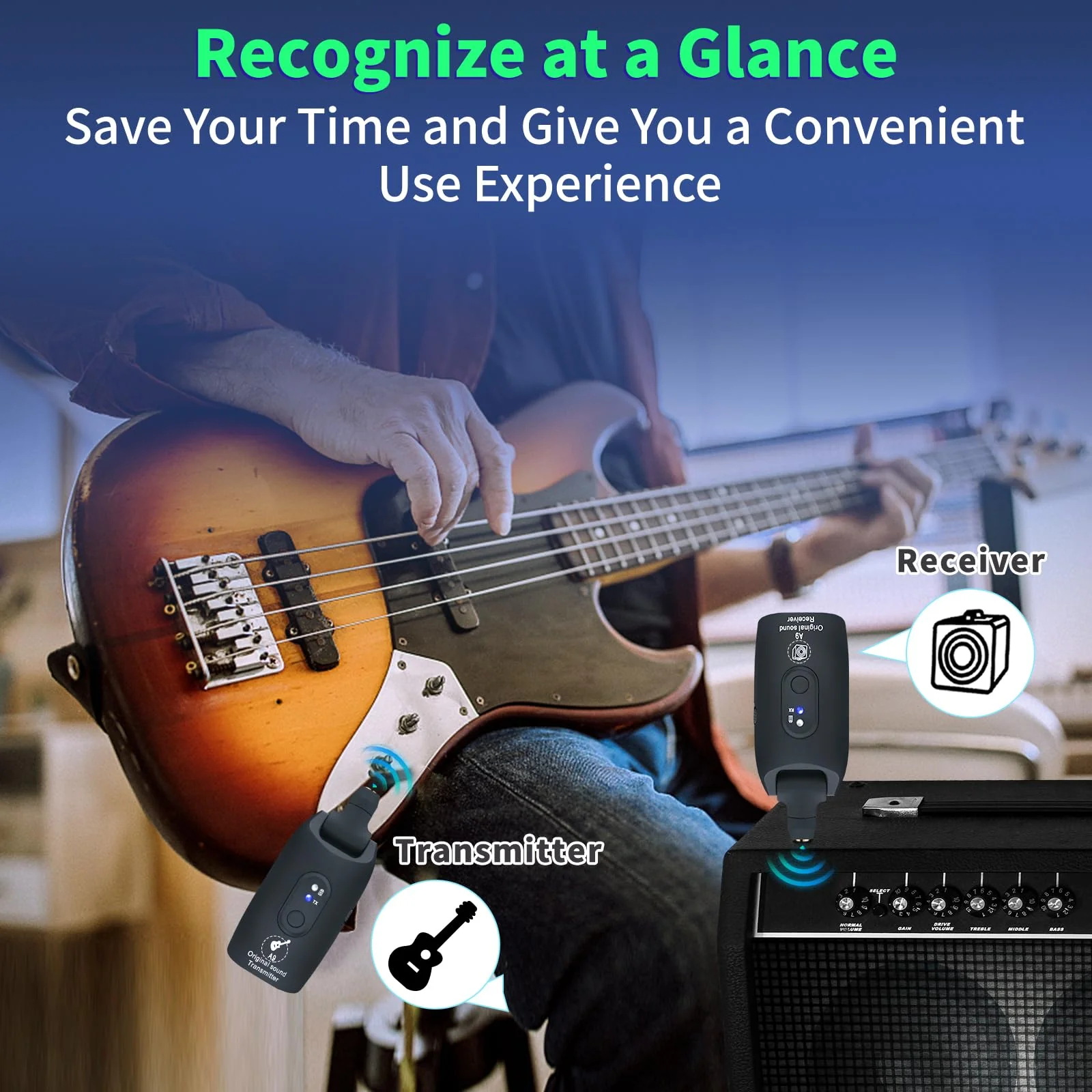 A9 Wireless Guitar System - 2.4GHz Guitar Accessories Transmitter Receiver, 24-bit 48KHz Audio, 100ft Range, No Latency, 4-Hour Rechargeable Battery, for Electric Bass (Black(1TX+1RX)) Black - Image 2