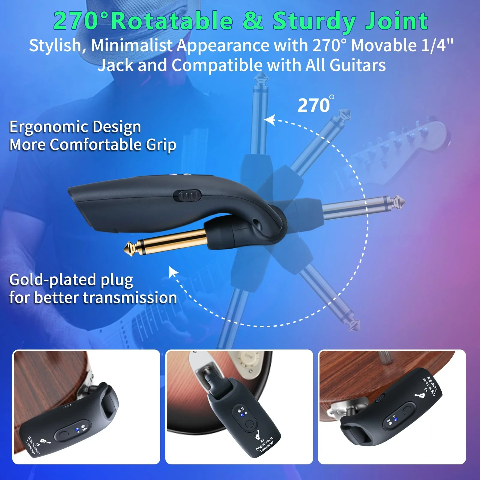 A9 Wireless Guitar System - 2.4GHz Guitar Accessories Transmitter Receiver, 24-bit 48KHz Audio, 100ft Range, No Latency, 4-Hour Rechargeable Battery, for Electric Bass (Black(1TX+1RX)) Black - Image 4