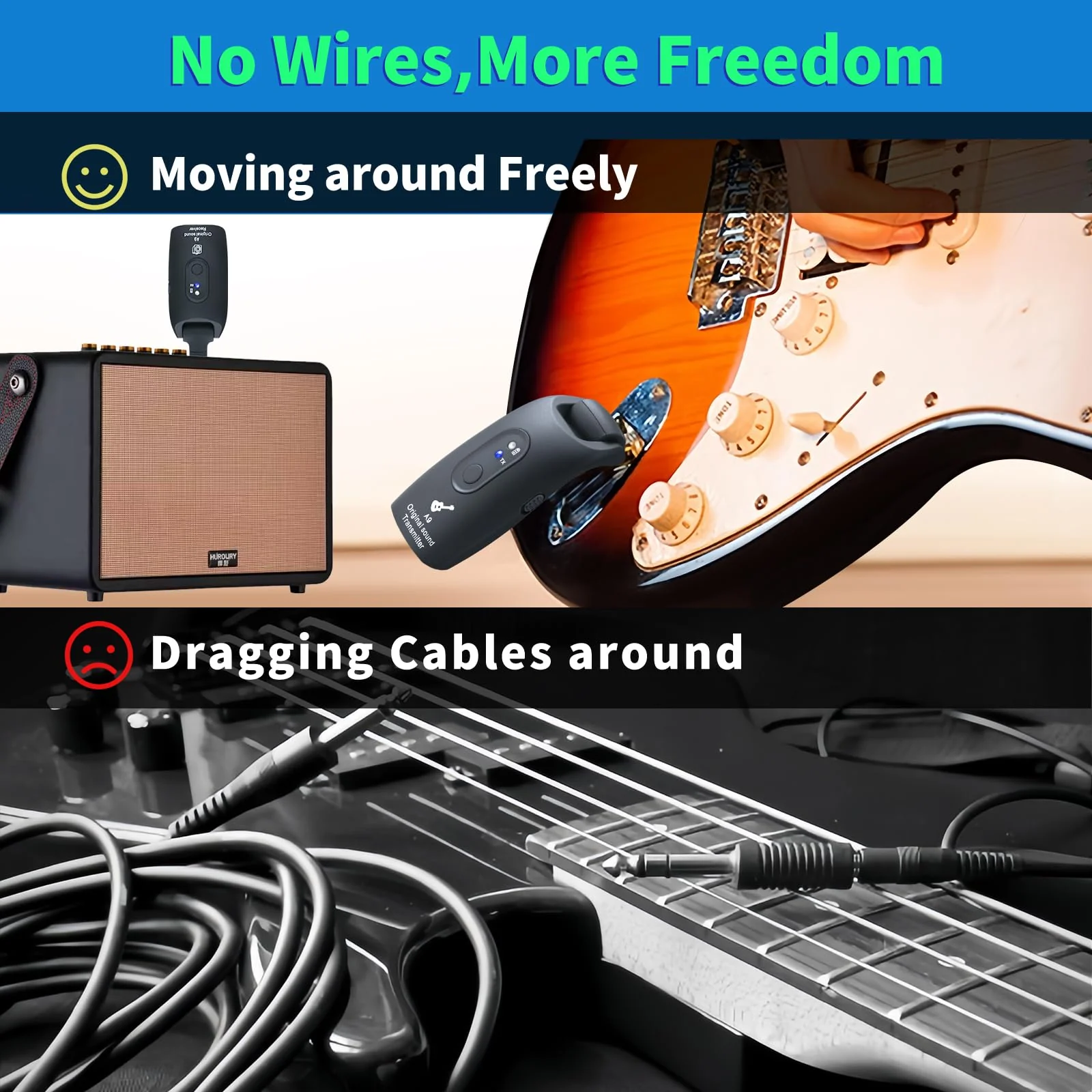 A9 Wireless Guitar System - 2.4GHz Guitar Accessories Transmitter Receiver, 24-bit 48KHz Audio, 100ft Range, No Latency, 4-Hour Rechargeable Battery, for Electric Bass (Black(1TX+1RX)) Black - Image 6