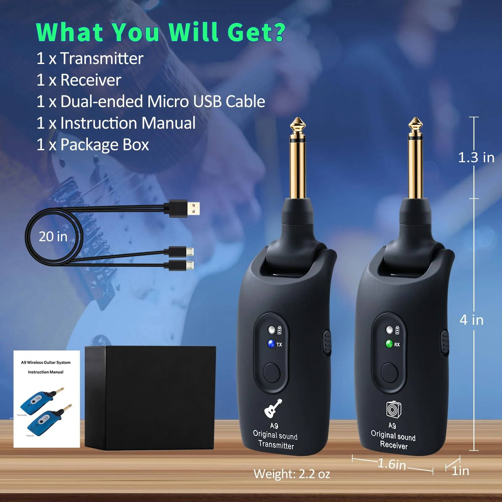A9 Wireless Guitar System - 2.4GHz Guitar Accessories Transmitter Receiver, 24-bit 48KHz Audio, 100ft Range, No Latency, 4-Hour Rechargeable Battery, for Electric Bass (Black(1TX+1RX)) Black - Image 9