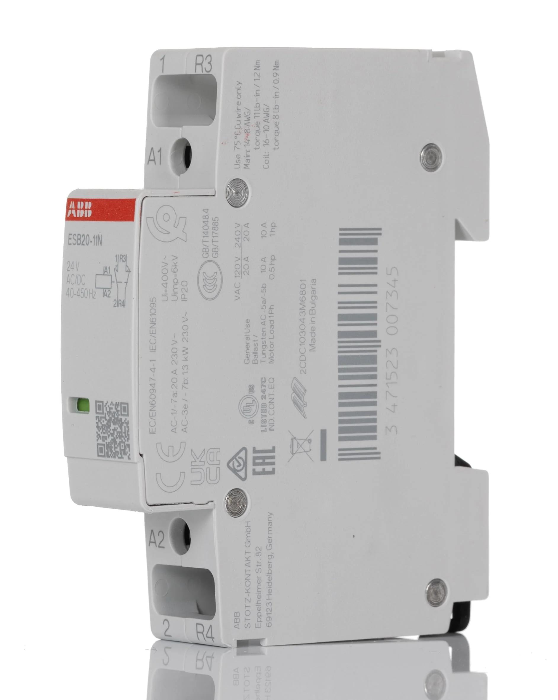 ABB ESB20-11N-01 ESB 24 V Coil 2 Pin 1 N/O 1 NO Contact / 20 A Safety Contactor