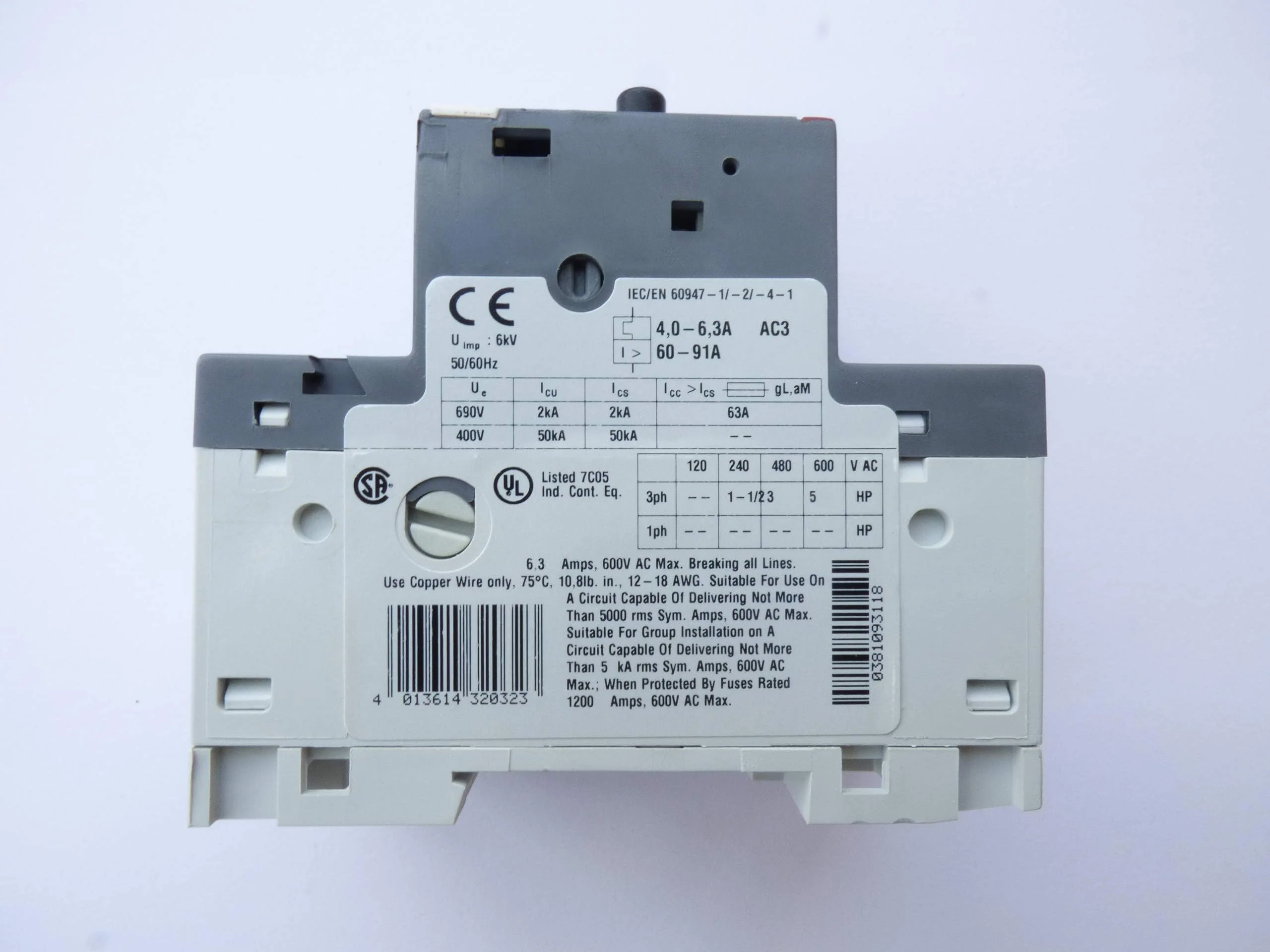 ABB MS 116-6.3 Motor Protection Switch Adjustable 690 V/AC 6.3 A Pack of 1 - Image 3