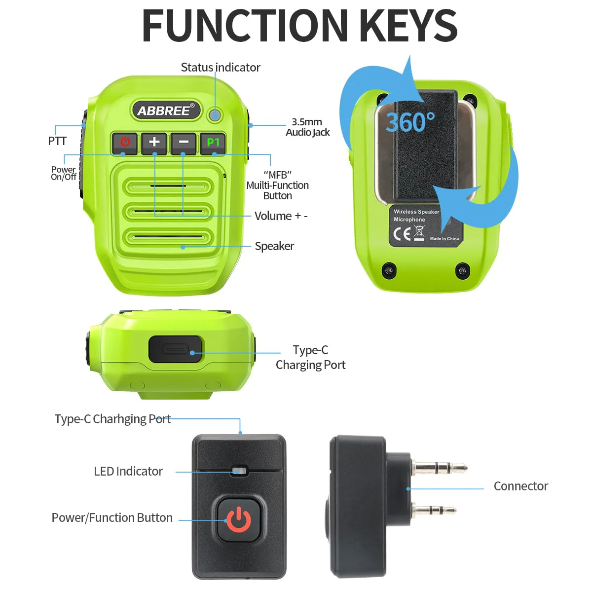 ABBREE Ham Radio Wireless Handheld Speaker Mic, 2 Pin Shoulder Microphone Compatible with Baofeng 5RM UV-5R,BF-F8HP PRO,GM21,K5PLUS,GM-15Pro,UV-5G Plus AR-152 Quansheng UV-K5 8 Walkie Talkie (Green) Green - Image 5
