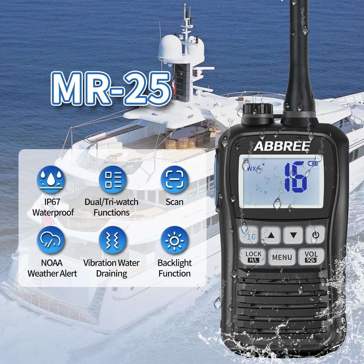 ABBREE Marine VHF Radio Floating IP67 Waterproof MR-25 Handheld Long Range Noise Cancelling Mic Walkie Talkie NOAA Weather,LCD Display Vibration Water Draining Two Way Radio for Boat,Black - Image 2
