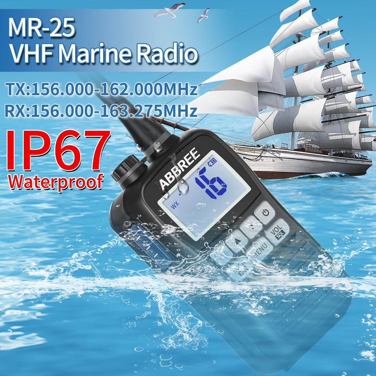 ABBREE Marine VHF Radio Floating IP67 Waterproof MR-25 Handheld Long Range Noise Cancelling Mic Walkie Talkie NOAA Weather,LCD Display Vibration Water Draining Two Way Radio for Boat,Black - Image 3