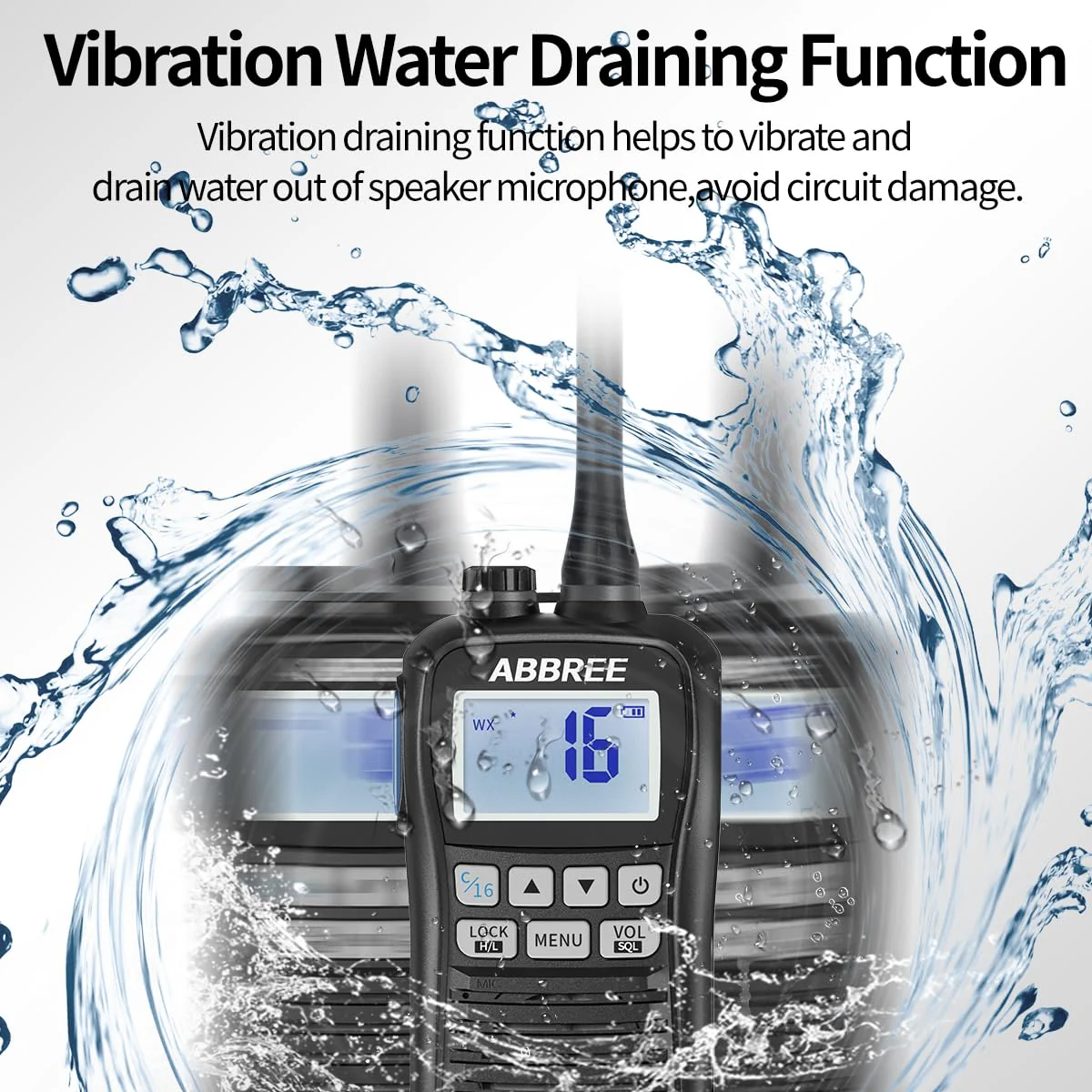 ABBREE Marine VHF Radio Floating IP67 Waterproof MR-25 Handheld Long Range Noise Cancelling Mic Walkie Talkie NOAA Weather,LCD Display Vibration Water Draining Two Way Radio for Boat,Black - Image 4