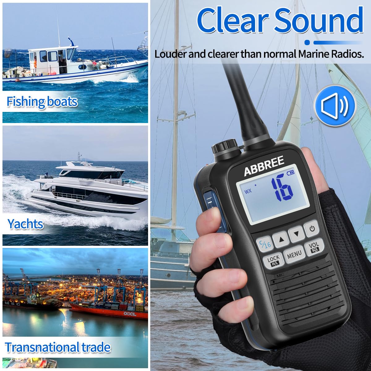 ABBREE Marine VHF Radio Floating IP67 Waterproof MR-25 Handheld Long Range Noise Cancelling Mic Walkie Talkie NOAA Weather,LCD Display Vibration Water Draining Two Way Radio for Boat,Black - Image 7