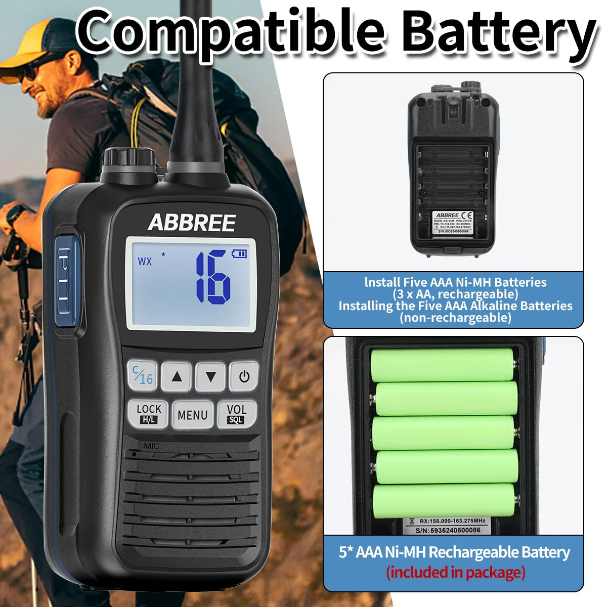 ABBREE Marine VHF Radio Floating IP67 Waterproof MR-25 Handheld Long Range Noise Cancelling Mic Walkie Talkie NOAA Weather,LCD Display Vibration Water Draining Two Way Radio for Boat,Black - Image 8