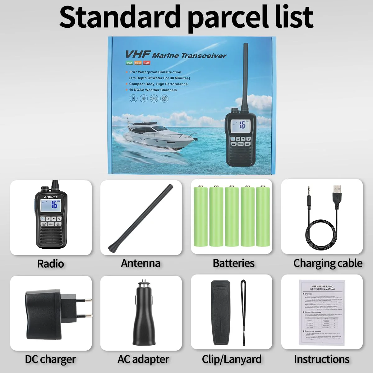 ABBREE Marine VHF Radio Floating IP67 Waterproof MR-25 Handheld Long Range Noise Cancelling Mic Walkie Talkie NOAA Weather,LCD Display Vibration Water Draining Two Way Radio for Boat,Black - Image 9