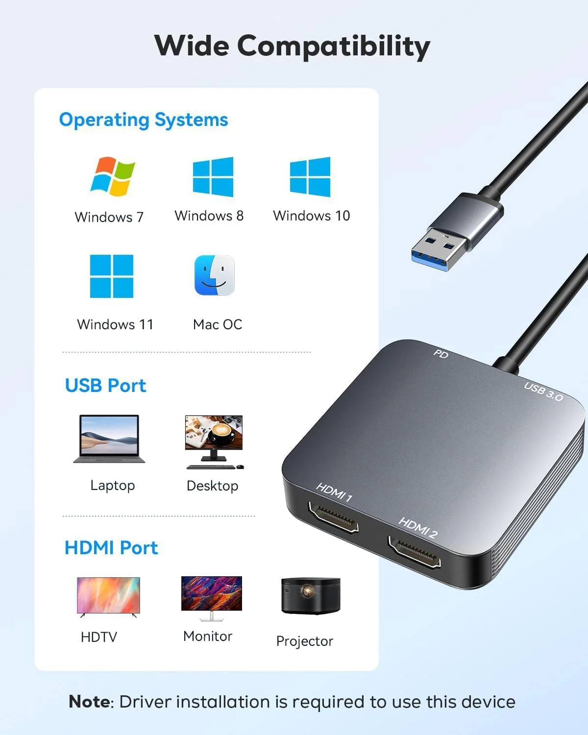 ABLEWE USB 3.0 to Dual HDMI Adapter with USB 3.0 Port, HDMI to USB Audio Video Graphics Converter Cable for Laptop Monitor Desktop TV, Compatible with Mac OS, Windows 02 cm - Image 7