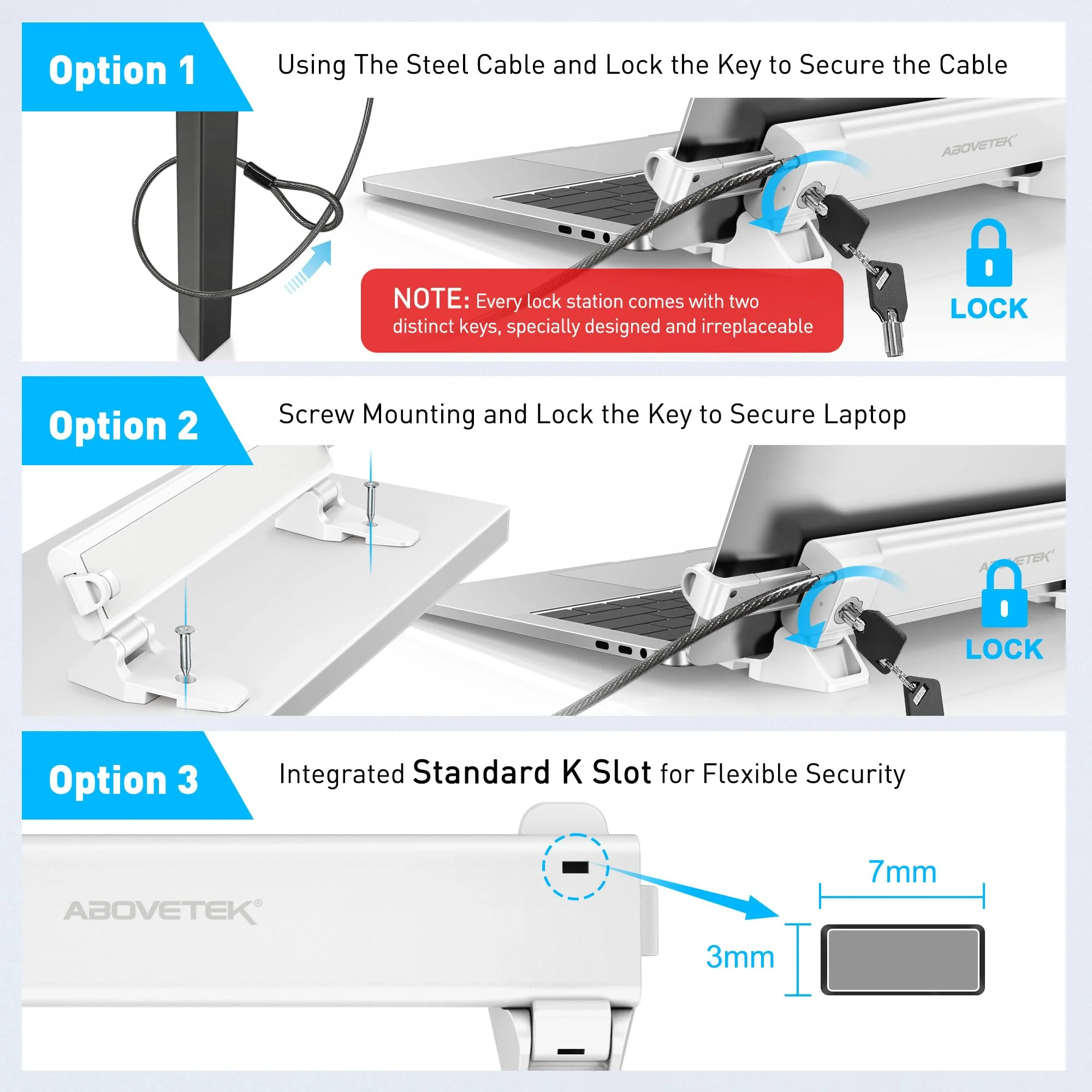 AboveTEK MacBook & Surface Laptop Locking Station with Combo Lock Cable, Anti Theft Folding Security Laptop Desk Mount, Adjustable & Portable, Fits 12"-16" Laptops/Notebooks (White) - Image 3