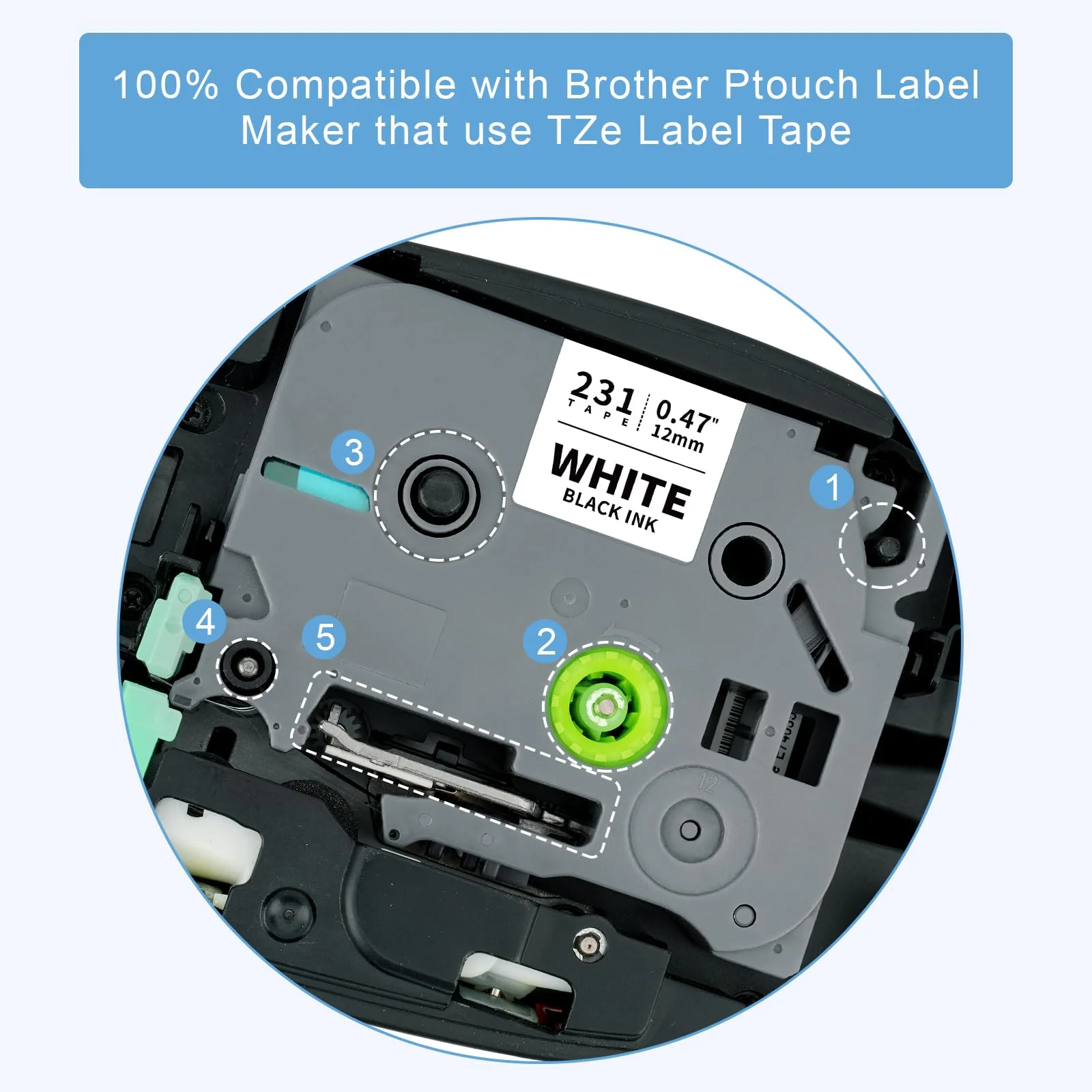 Absonic 12mm Tz Tape Replace for Brother Ptouch Label Tape 12mm 0.47" Laminated White Tape 1/2" Black on White for Brother P Touch PT-H100 PTD220 PTD210 PT-1290 PT-2040C PTD400 PTD600 PTD410, 4 Pack - Image 3
