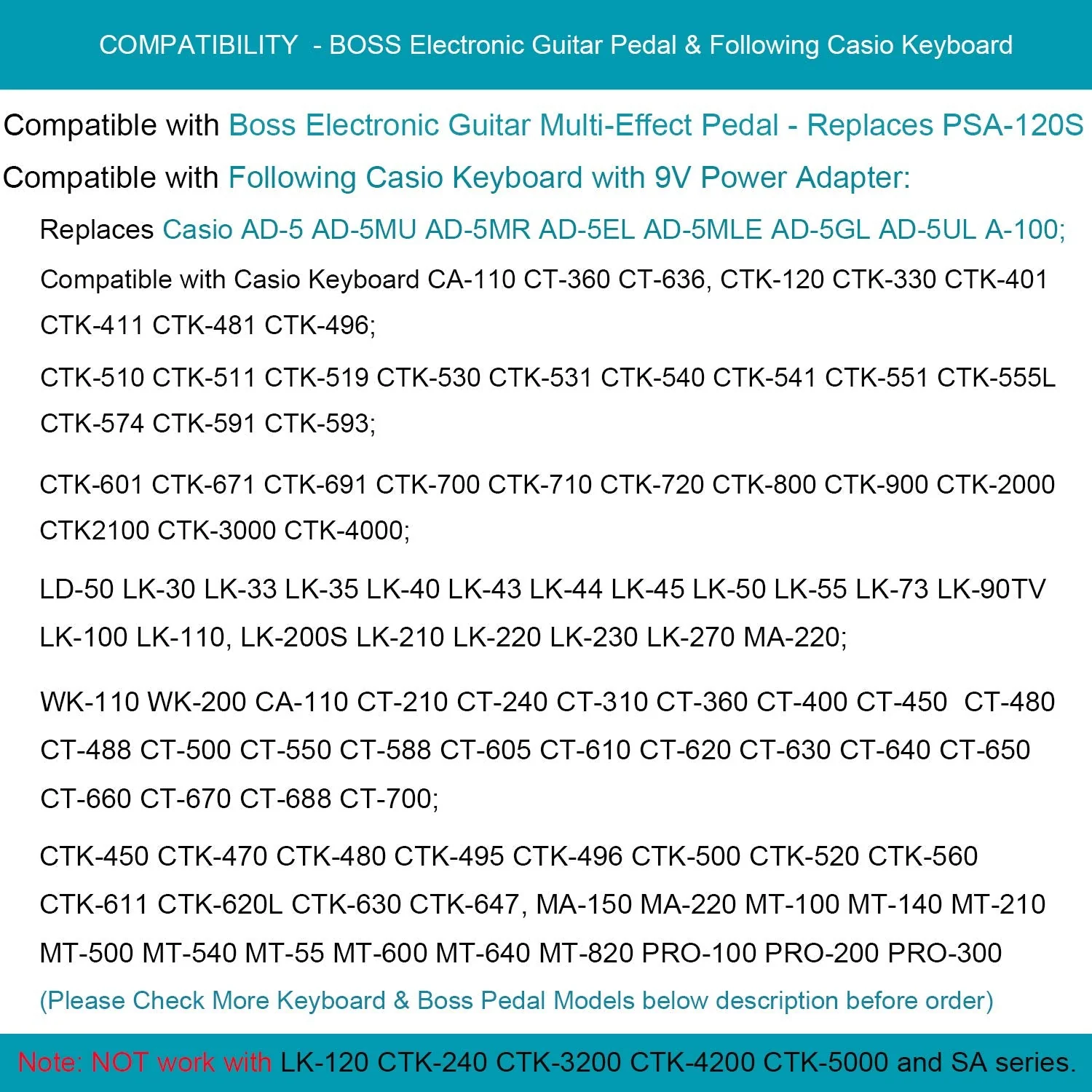 AC Charger for Casio WK-200 Keyboard 9V AC/DC Switching Power Supply Cord Adapter - Image 3