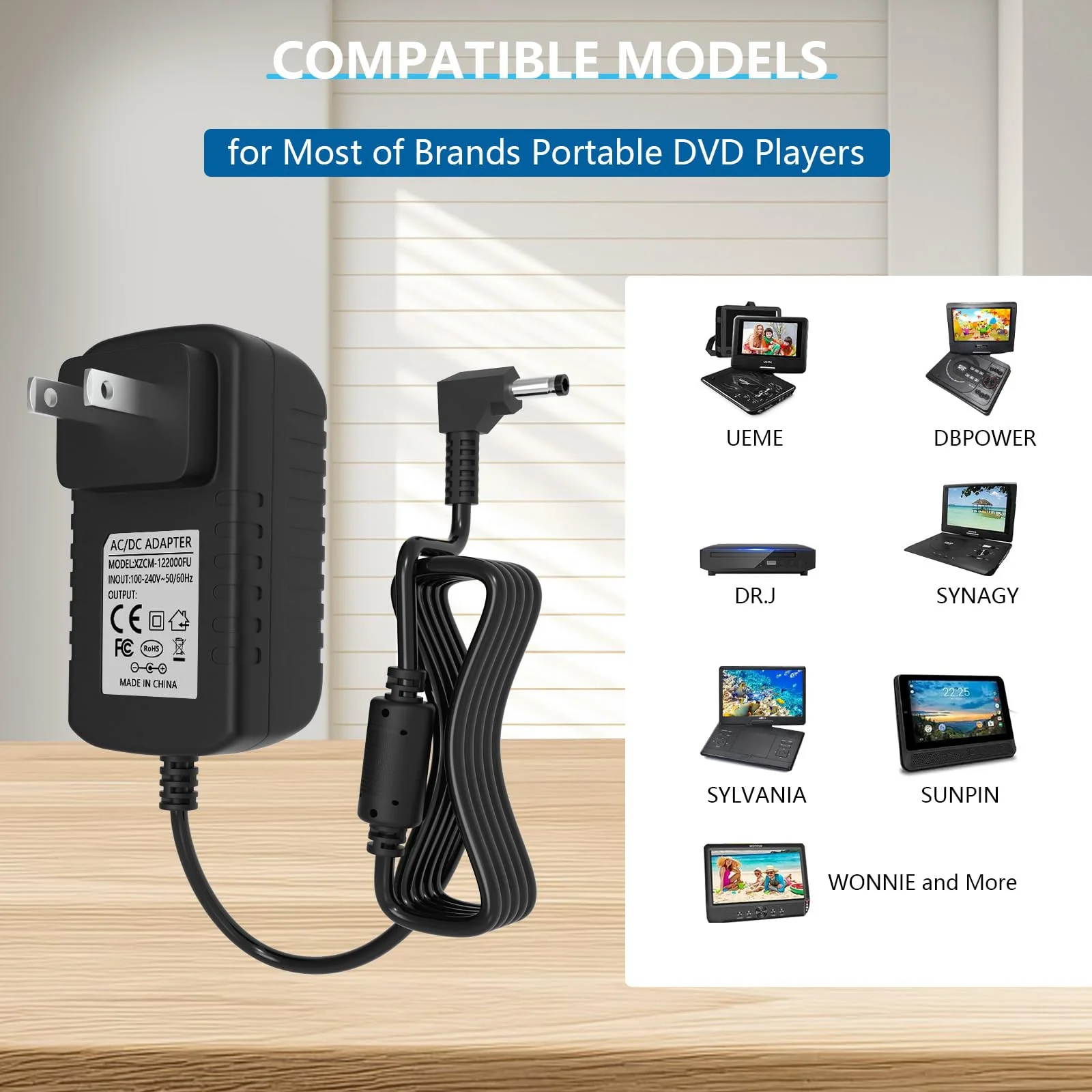 AC/DC 12V Wall Charger DC 9-12V Cord for Portable DVD Player Compatible with UEME/HDJUNTUNKOR/DBPOWER, 4.0 * 1.7mm Plug Power Adapter - Image 3