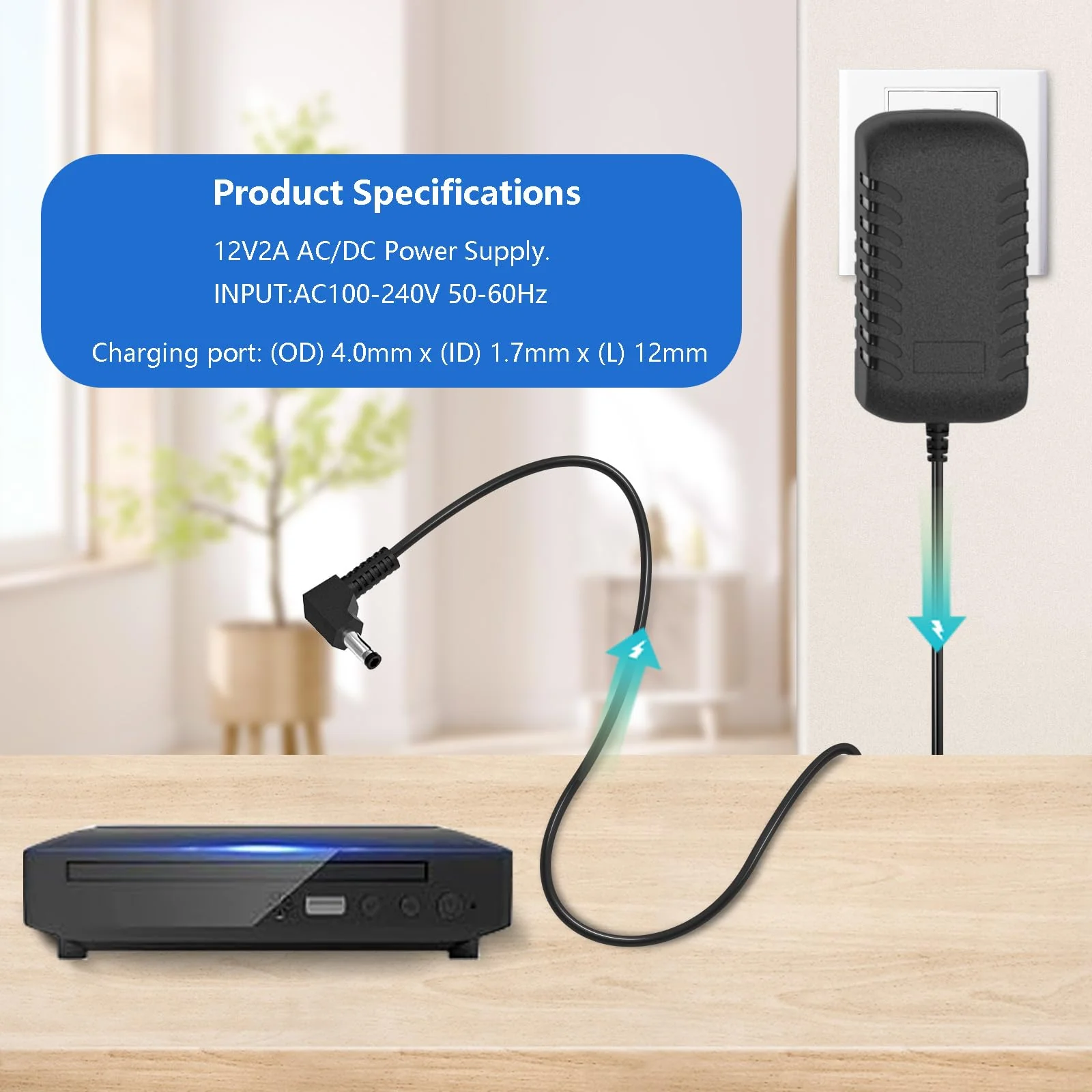 AC/DC 12V Wall Charger DC 9-12V Cord for Portable DVD Player Compatible with UEME/HDJUNTUNKOR/DBPOWER, 4.0 * 1.7mm Plug Power Adapter - Image 6