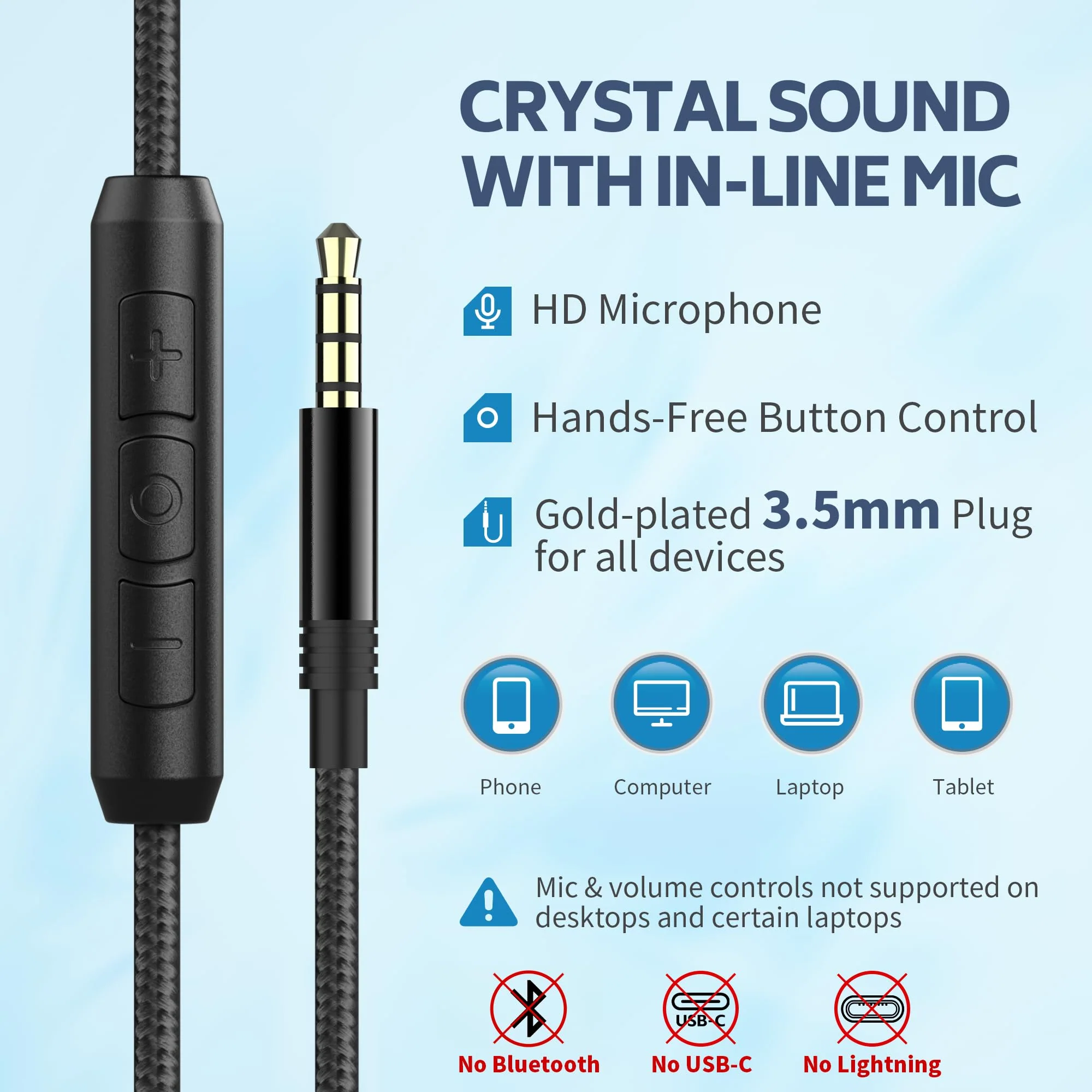 AC01 Over-Ear Headphones Wired, Passive Noise Isolating Corded Stereo Headsets with Mic Volume Control for Adults Teens 3.5mm for Chromebooks, Laptop, Computer, Tablets, Travel (Black Blue) Black Blue - Image 5