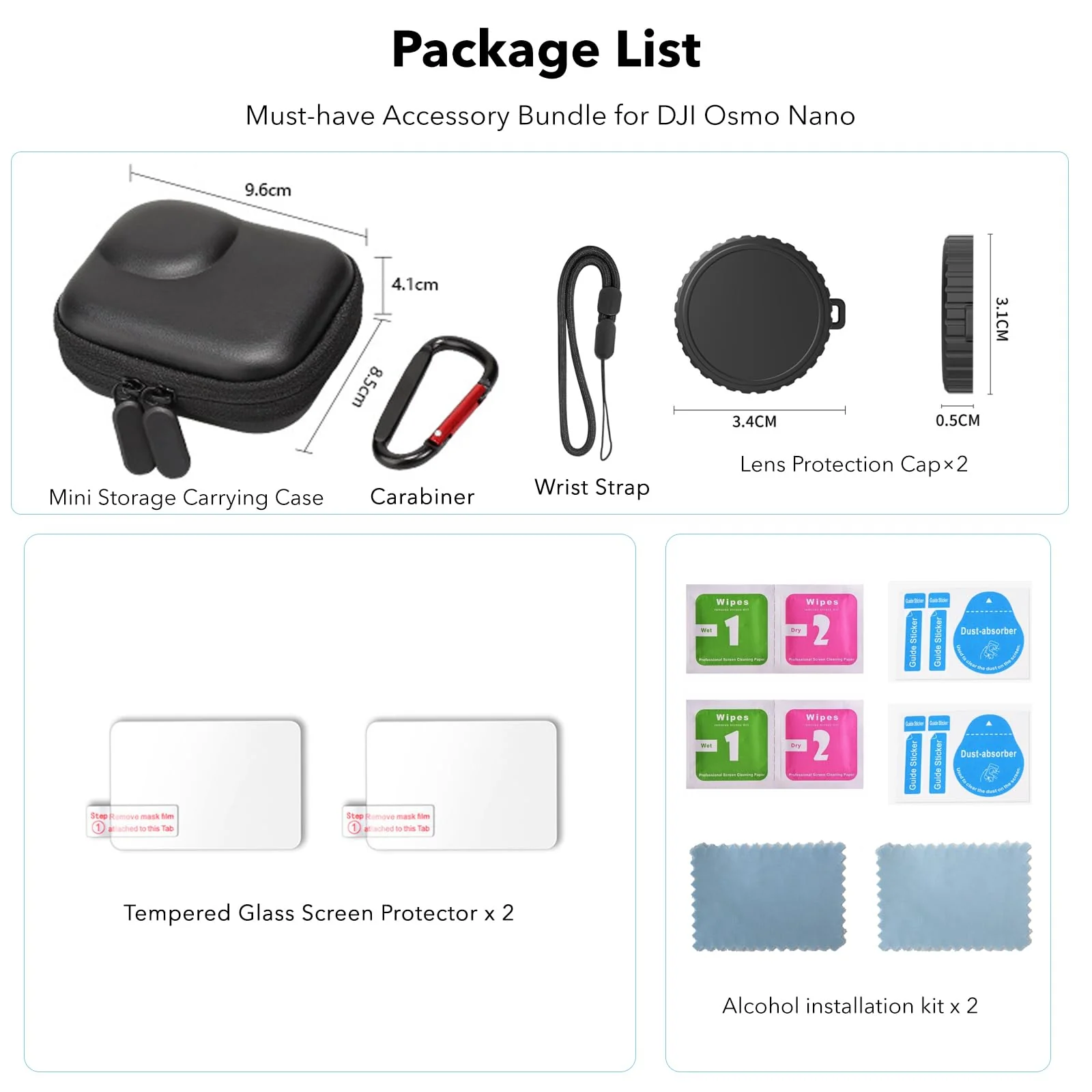 Accessories for DJI Osmo Nano, PU Portable Mini Carrying Bag Nano Case Lens Screen Protectors HD Full Protection Tempered Glass Rubber Lens Cap Cover - Image 7