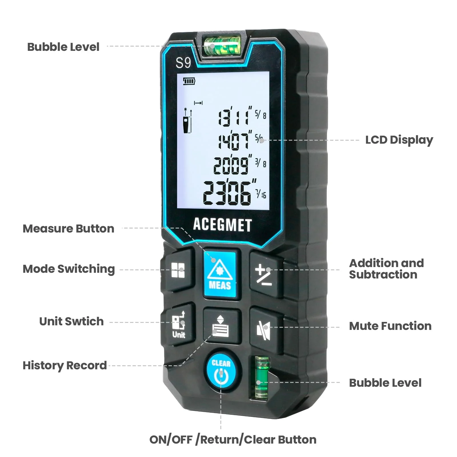 ACEGMET Laser Measure, 393ft/120m Laser Measurement Tool, Laser Measuring Tool with 2 Bubble Levels, LCD Backlit Display, IP54 Waterproof, Pythagorean Mode for Distance, Area, Volume - Image 8