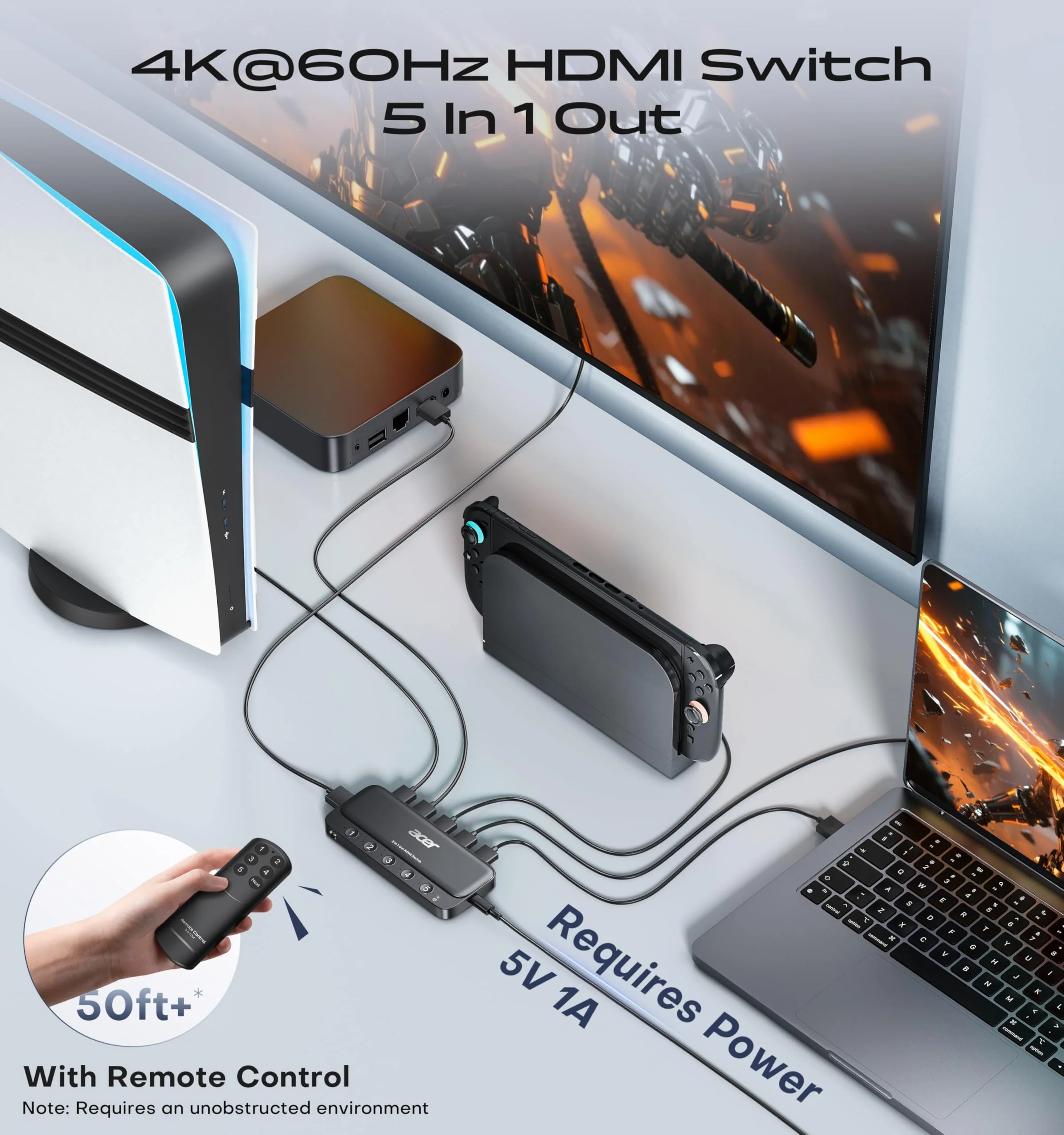 acer HDMI Switch 5 in 1 Out [4K@60Hz, HDMI 2.0, HDCP 2.3, HDR] Switcher with Remote, Supports DTS, Dolby, Work for PS5/Xbox/Switch/Roku/TV Stick/Projector Grey - Image 2