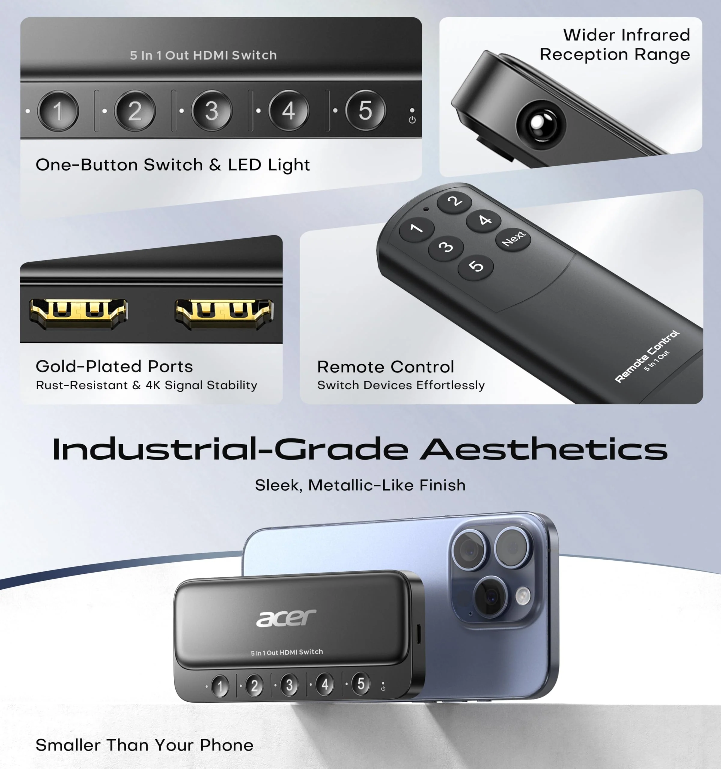 acer HDMI Switch 5 in 1 Out [4K@60Hz, HDMI 2.0, HDCP 2.3, HDR] Switcher with Remote, Supports DTS, Dolby, Work for PS5/Xbox/Switch/Roku/TV Stick/Projector Grey - Image 4