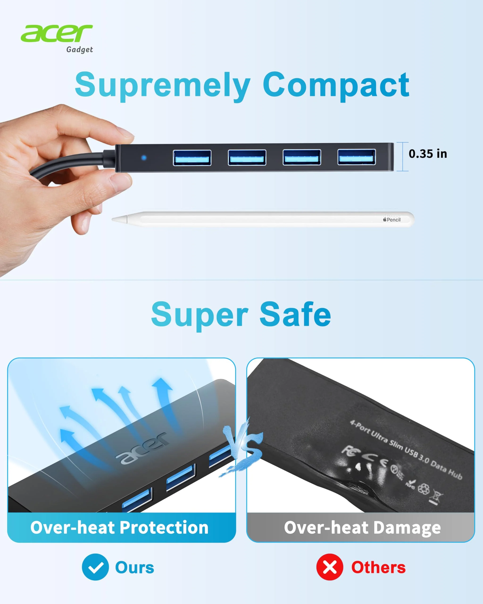 Acer USB Hub 4 Ports, Multiple USB 3.0 Hub, USB A Expander for Laptop with USB C Power Port, USB Extender for A Port Laptop, Windows, Linux, Acer PC, and More (4ft) 4ft USB-A 3.0 - Image 5