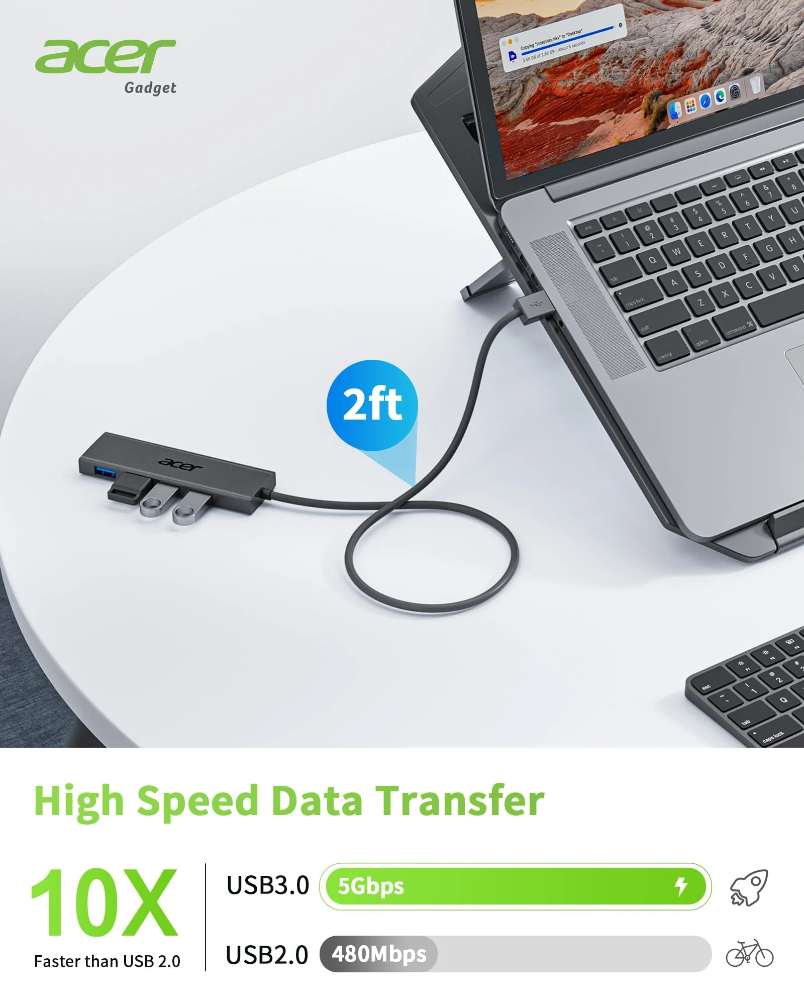 Acer USB Hub 4 Ports, Multiple USB 3.0 Hub, USB A Splitter for Laptop with USB C Power Port, USB Extender for A Port Laptop, Windows, Linux, Acer PC and More (2ft) 2ft USB-A 3.0 - Image 3