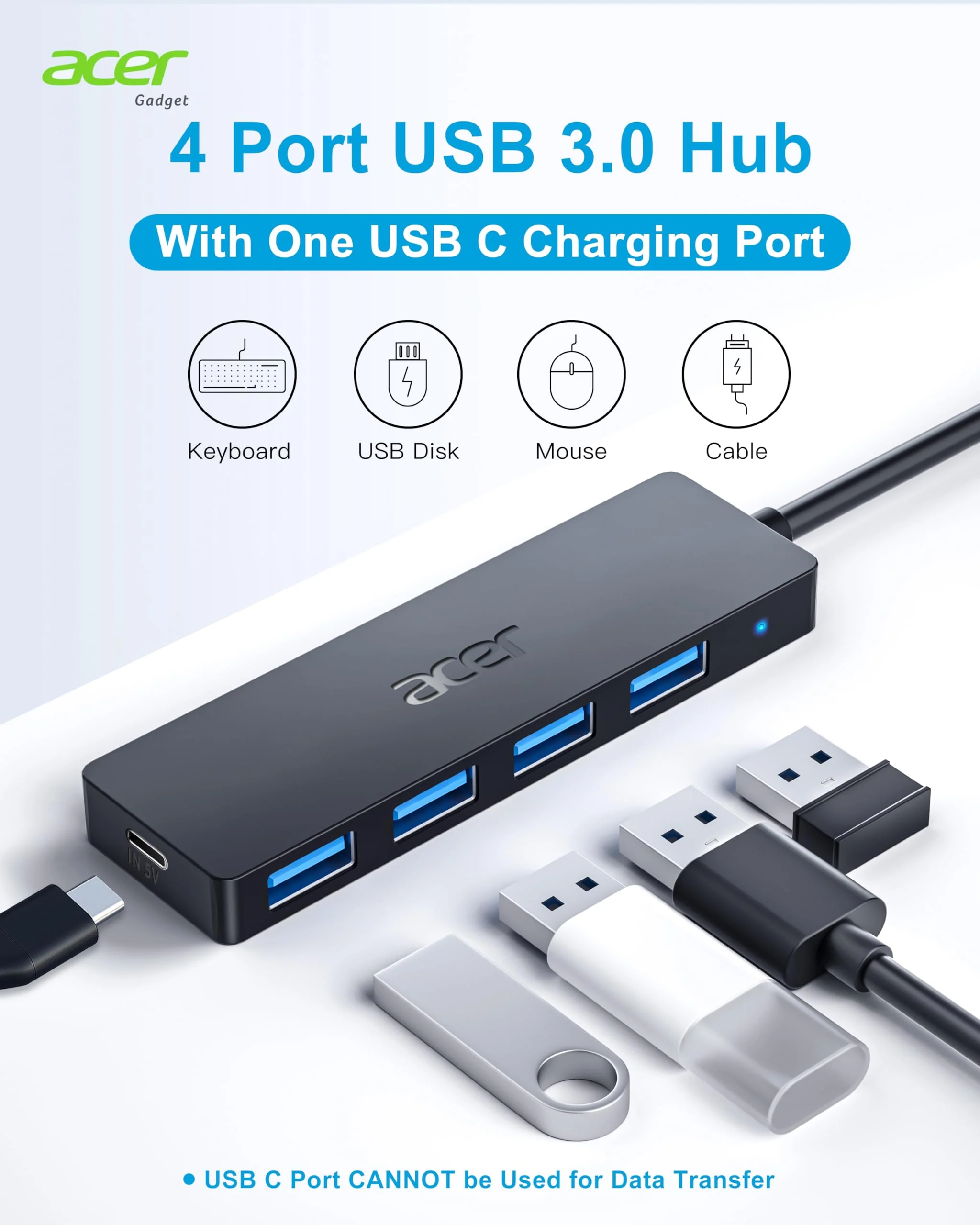Acer USB Hub, 4 Ports Multiple USB 3.0 Hub, USB Data Hub for Laptop with USB C Power Port, USB Extender for A Port Laptop, Windows, Linux, Acer PC, and More(0.7ft) 0.7ft USB-A 3.0 - Image 2