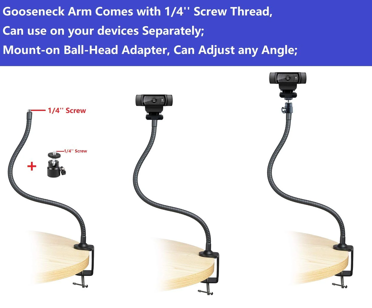 AceTaken Webcam Stand - 25 inch Gooseneck Clamp Desk Webcam Mount Arm for Logitech Webcam C920s C920 C930e C922x C930 C922 C925e C615 Brio - Image 4