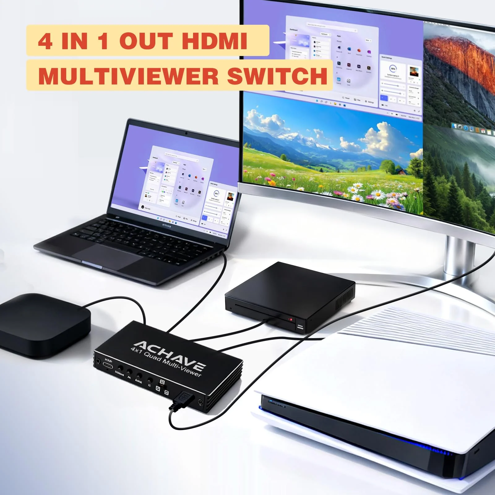 ACHAVE 4x1 HDMI Multiviewer Switch 2x1 3x1, 4K@30Hz 1080P@60Hz Quad Screen Splitter with 10 Display Modes, Seamless Switching, IR Remote Control, Compatible with Laptop, Xbox, TV Box - Image 2