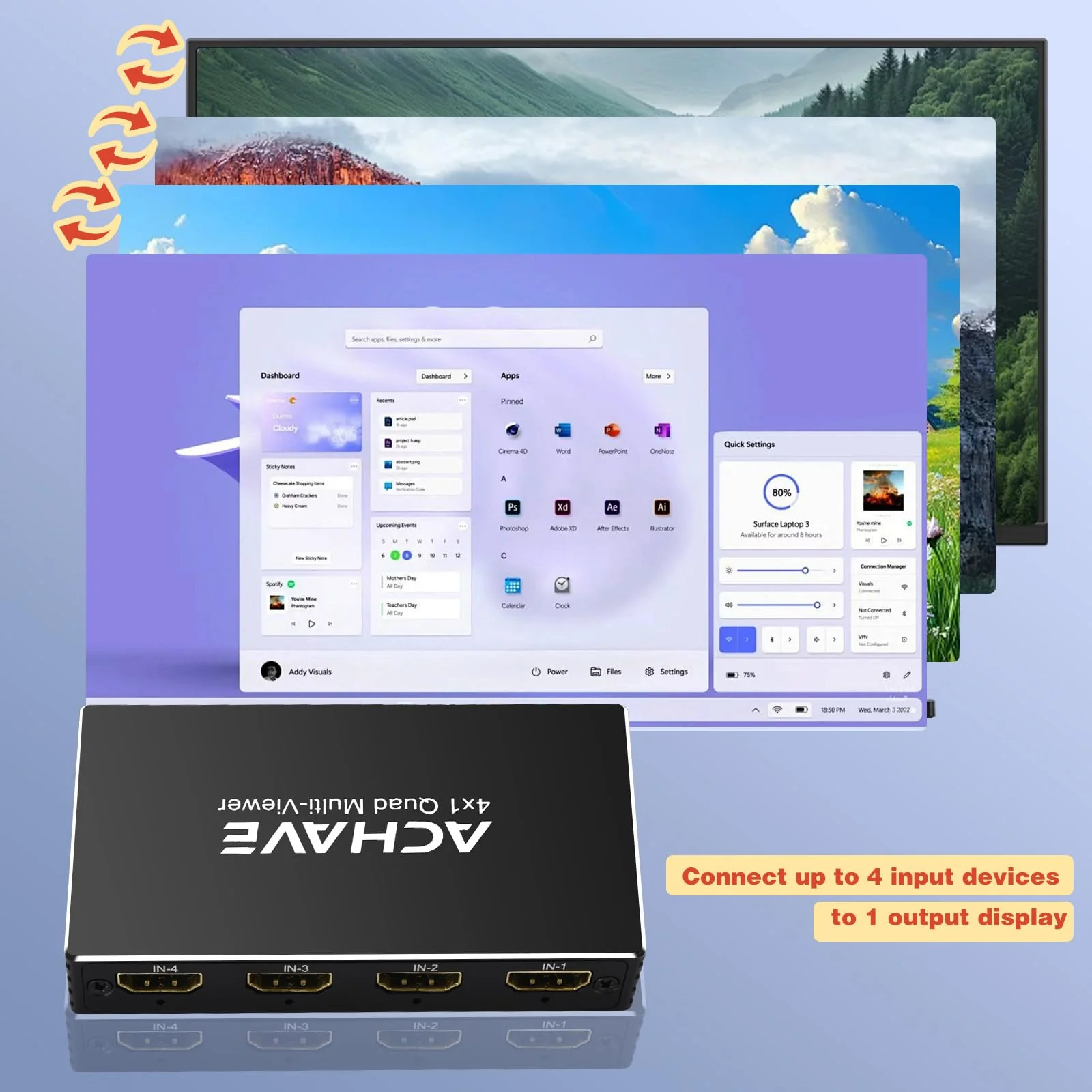 ACHAVE 4x1 HDMI Multiviewer Switch 2x1 3x1, 4K@30Hz 1080P@60Hz Quad Screen Splitter with 10 Display Modes, Seamless Switching, IR Remote Control, Compatible with Laptop, Xbox, TV Box - Image 7