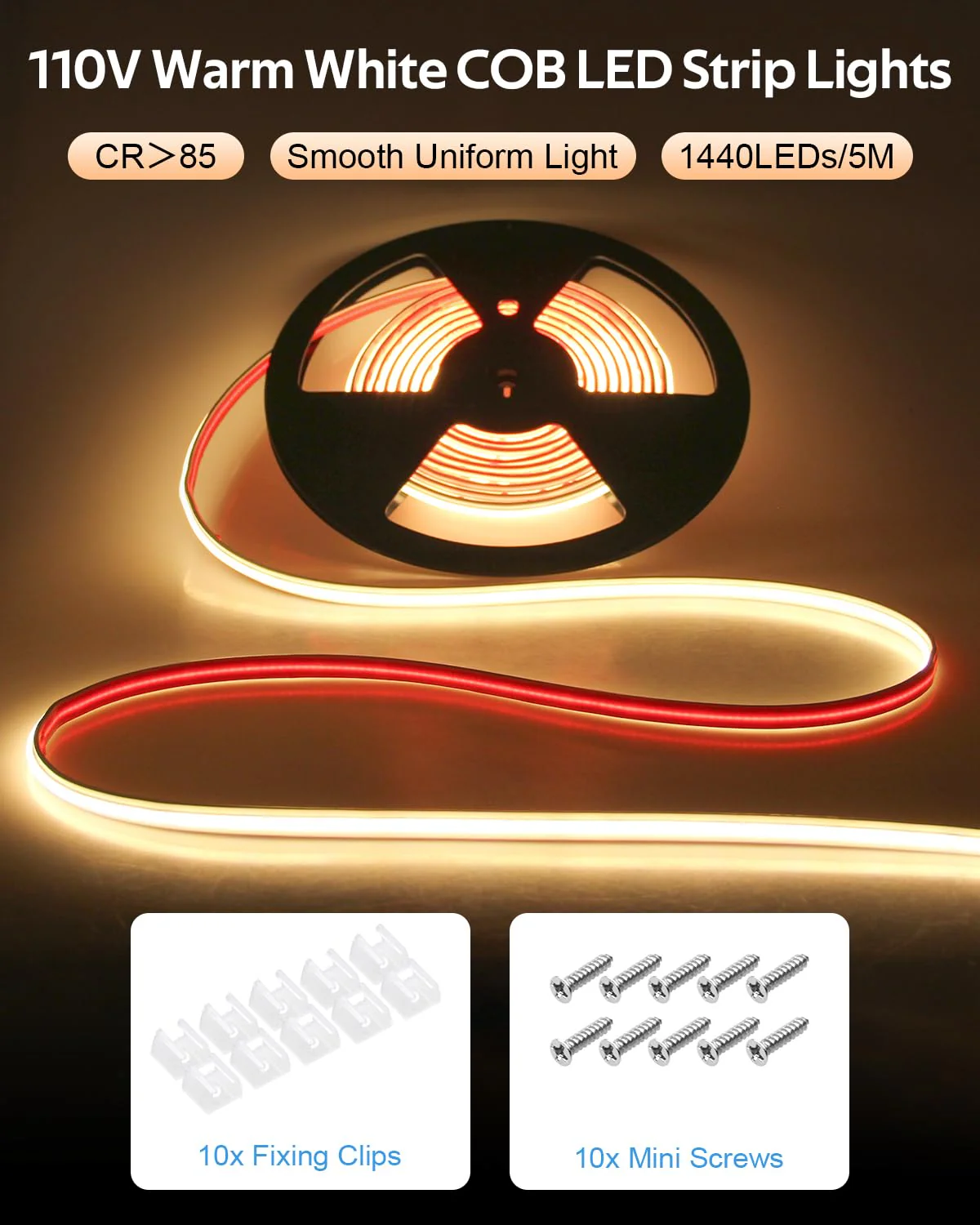 Aclorol COB LED Strip Lights Warm White for Bedroom 5M 3000K AC 110V -120V Plug in LED Rope Lights Outdoor Waterproof IP68 Flexible High Density COB LED Tape Lights for Patio Garden Decor 288led/M - Image 2