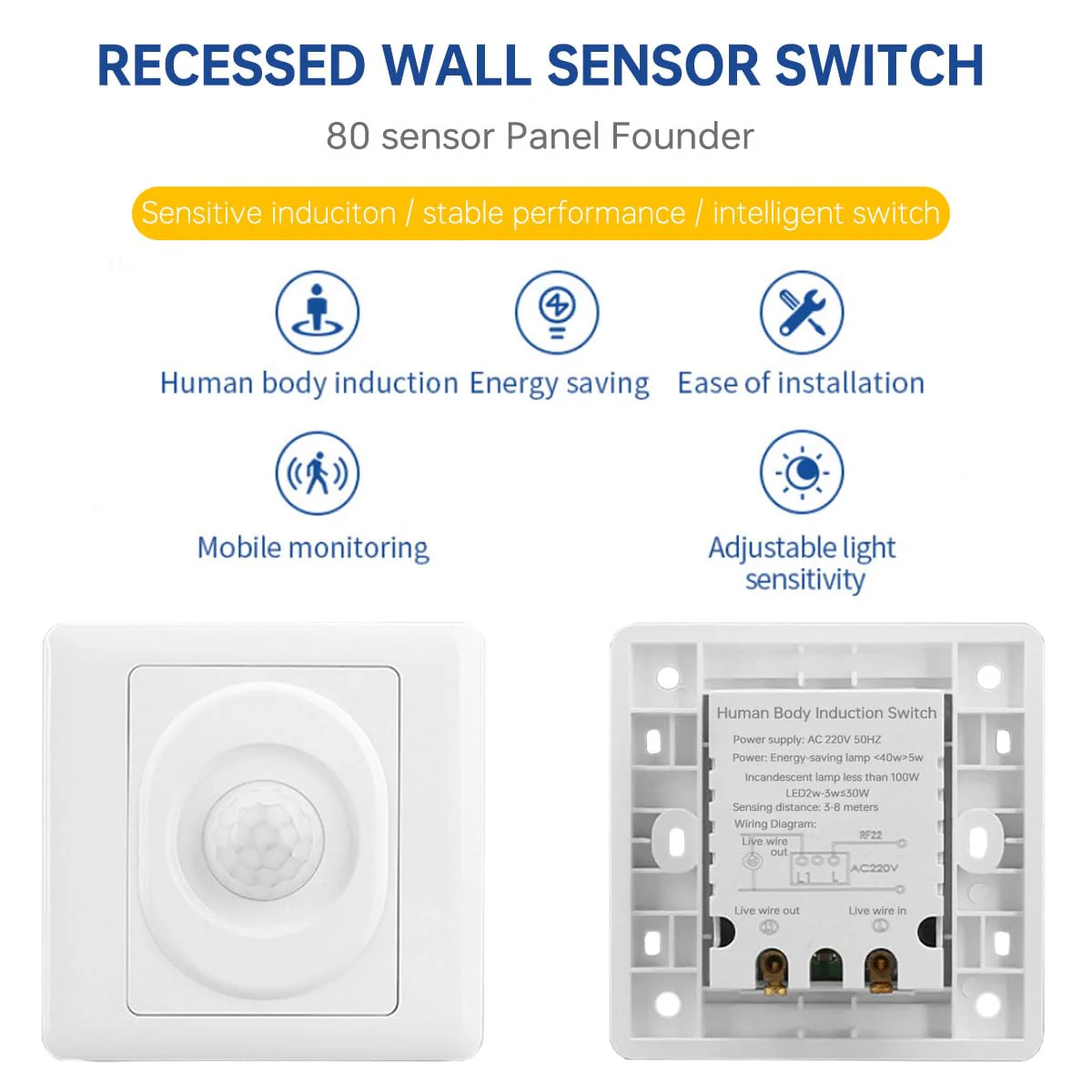 Acmerota PIR Motion Sensor Light Switch PIR Occupancy Sensor Switch 120 Degree Motion Sensor Light Switch with Occupancy Sensor Wall Mounted Automatic Switch 2 Core 50W 180V-240V - Image 2