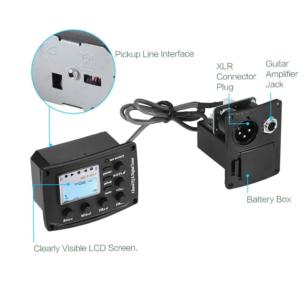 Acoustic Guitar 4-Band EQ Equalizer Tone and Volume Amplifier Preamp Piezo Pickup 6.35mm XLR with Pitch Note Notch Function Clear LCD Display - Image 4